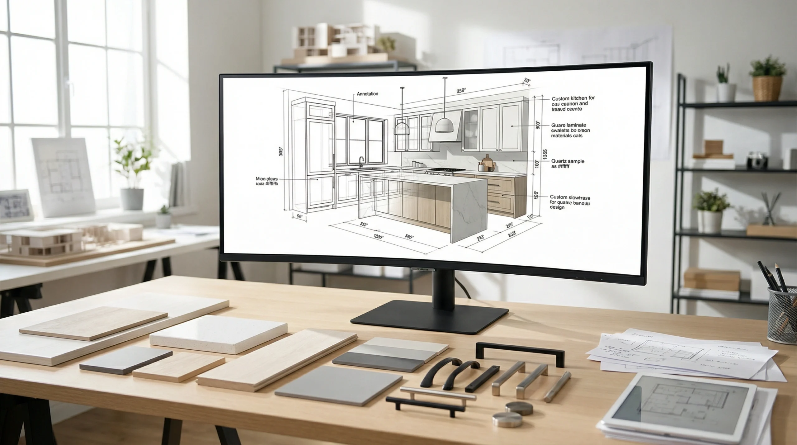 Professional kitchen design consultation showing 3D cabinet rendering in Dubai
