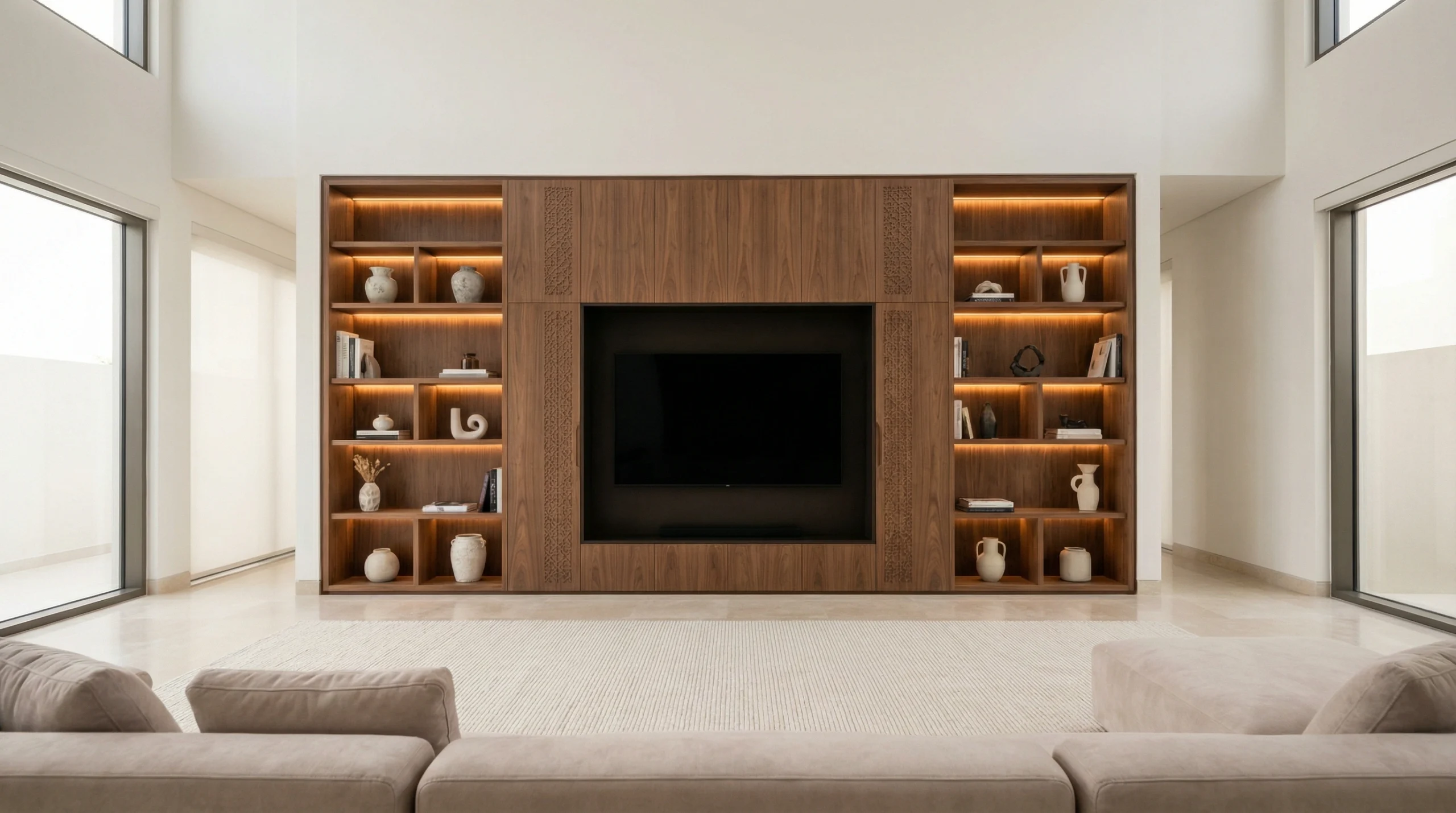 Custom living room furniture Dubai — bespoke floor-to-ceiling entertainment wall unit by Karnak Carpentry