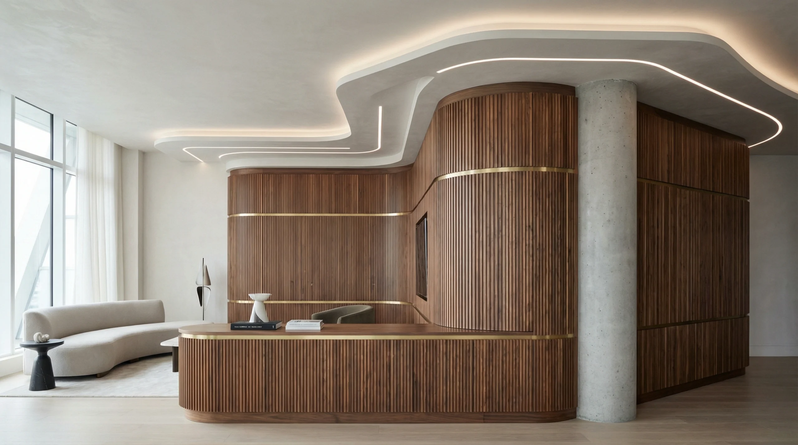 Bespoke entertainment center in Dubai featuring custom cabinetry integrated with architectural columns and curved walls, demonstrating expert interior design and luxury carpentry.