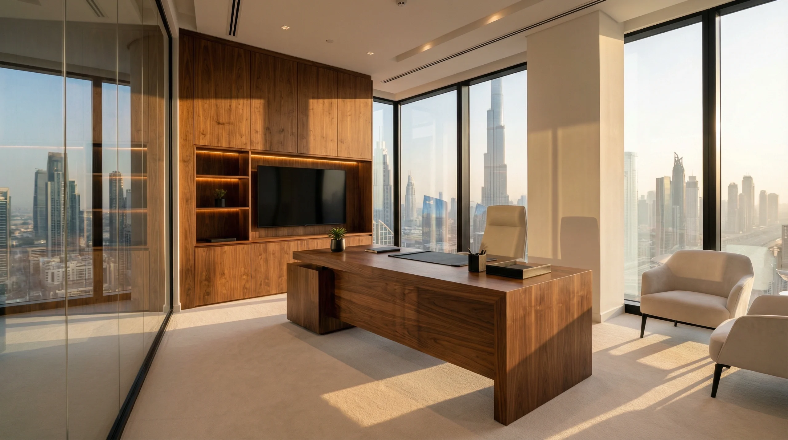 Custom office furniture Dubai — bespoke executive workspace crafted by Karnak Carpentry