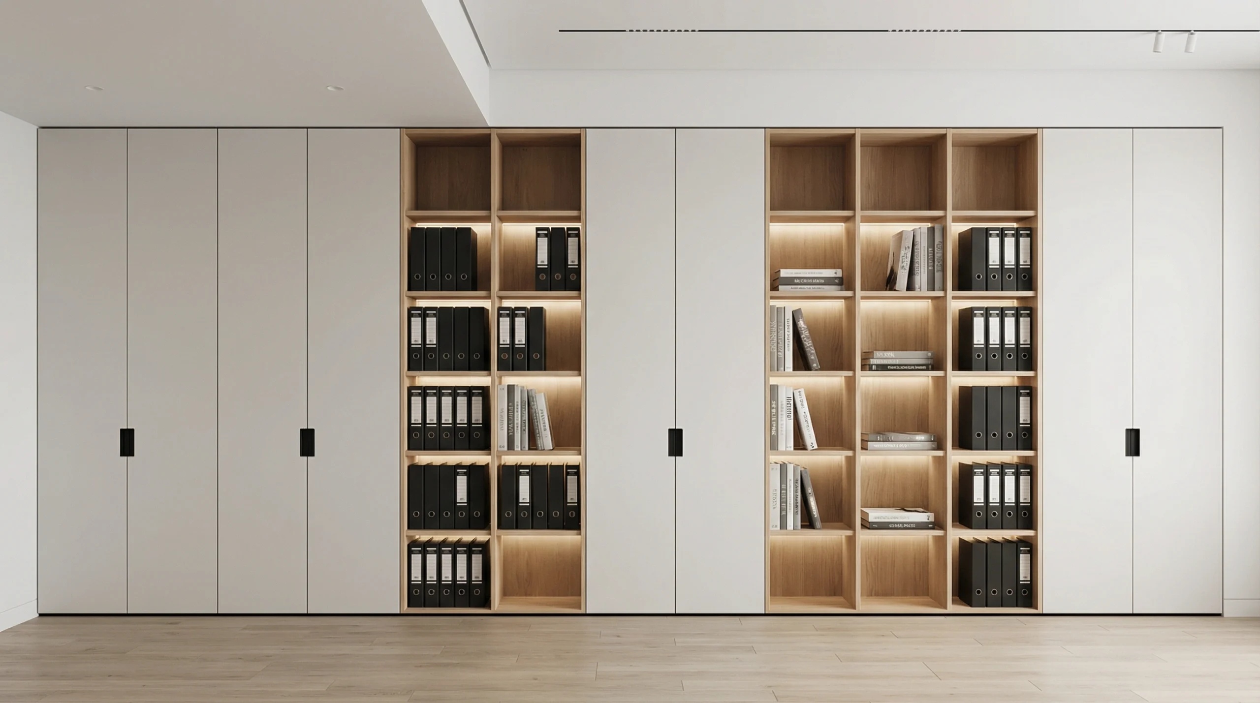 Custom built-in office storage wall Dubai — floor-to-ceiling bespoke storage by Karnak Carpentry
