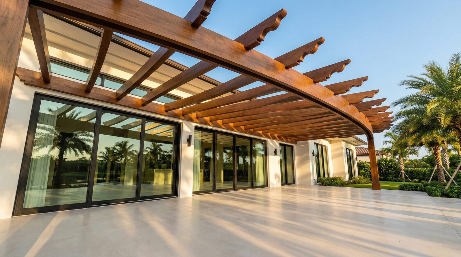 Custom pergola construction by Karnak Carpentry at modern Dubai villa outdoor space