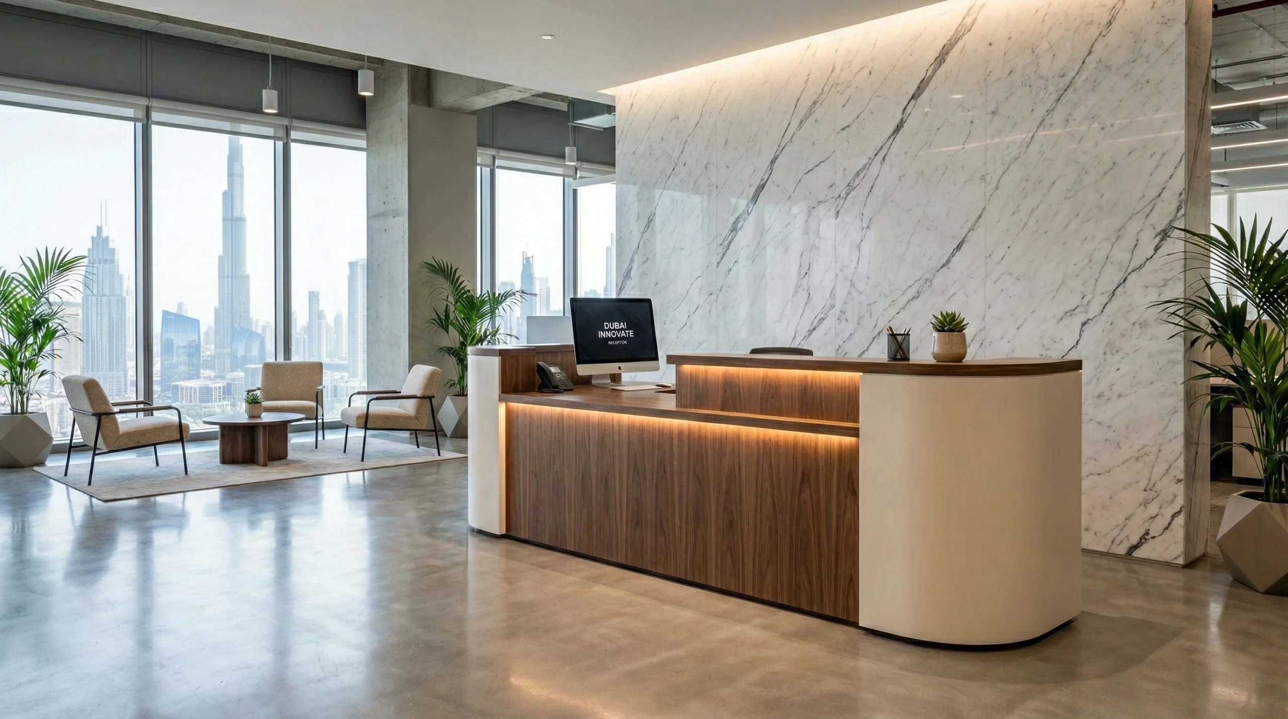 Custom reception desk carpentry by Karnak — walnut and lacquer corporate reception in Dubai
