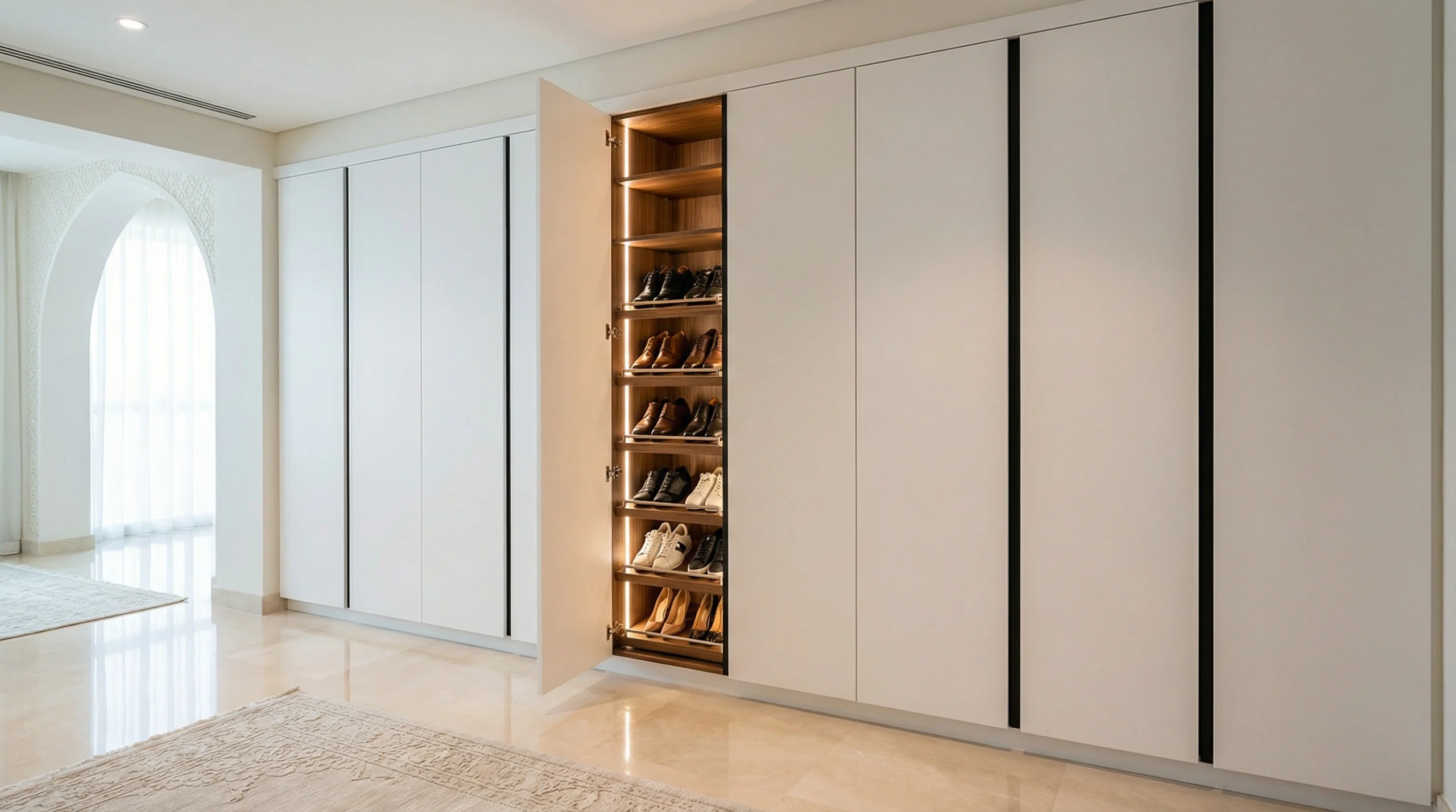 Custom shoe racks Dubai with wooden cabinets and pull-out storage in luxury apartment