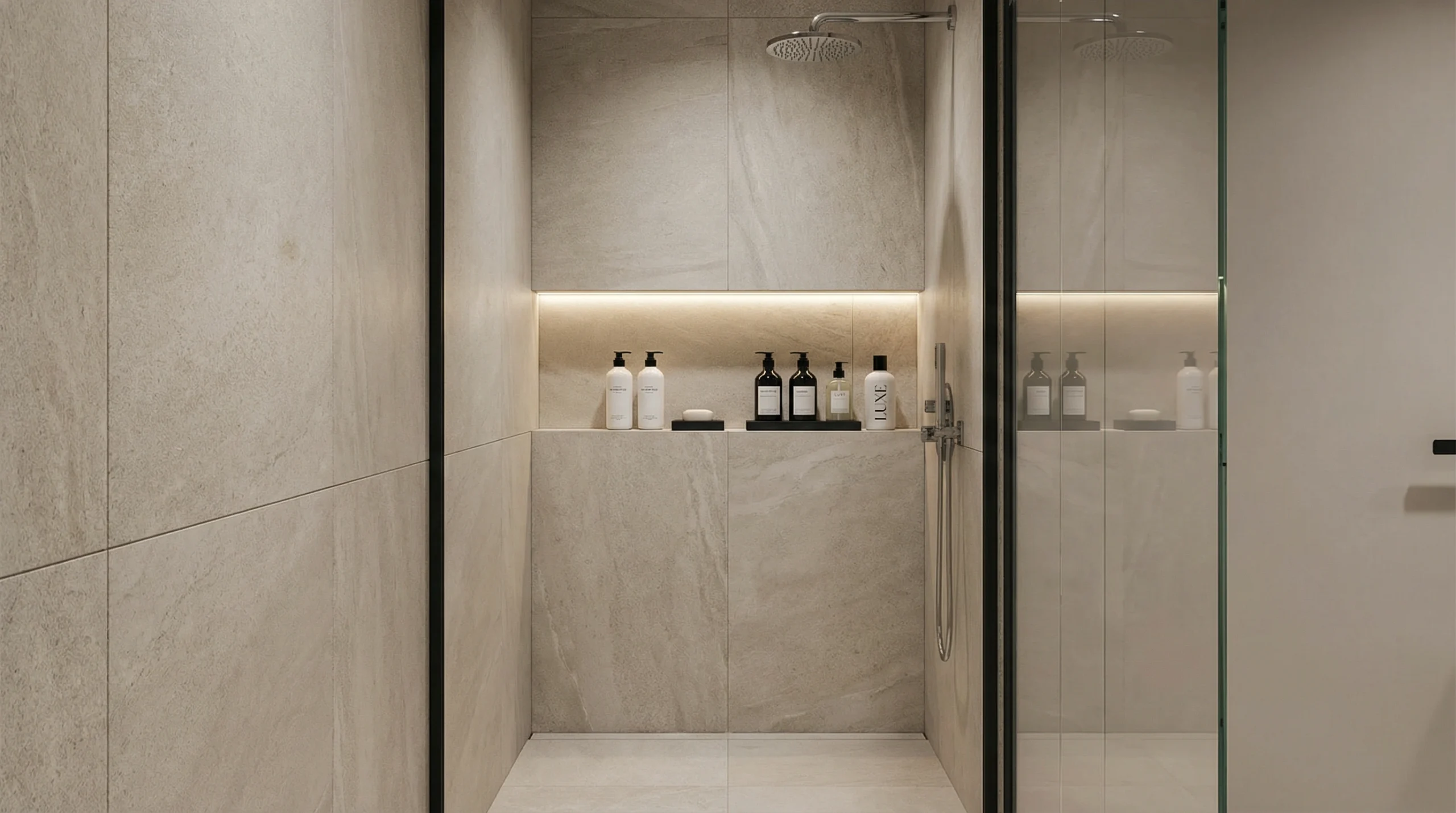 Custom shower niche with integrated storage and lighting in Dubai luxury bathroom