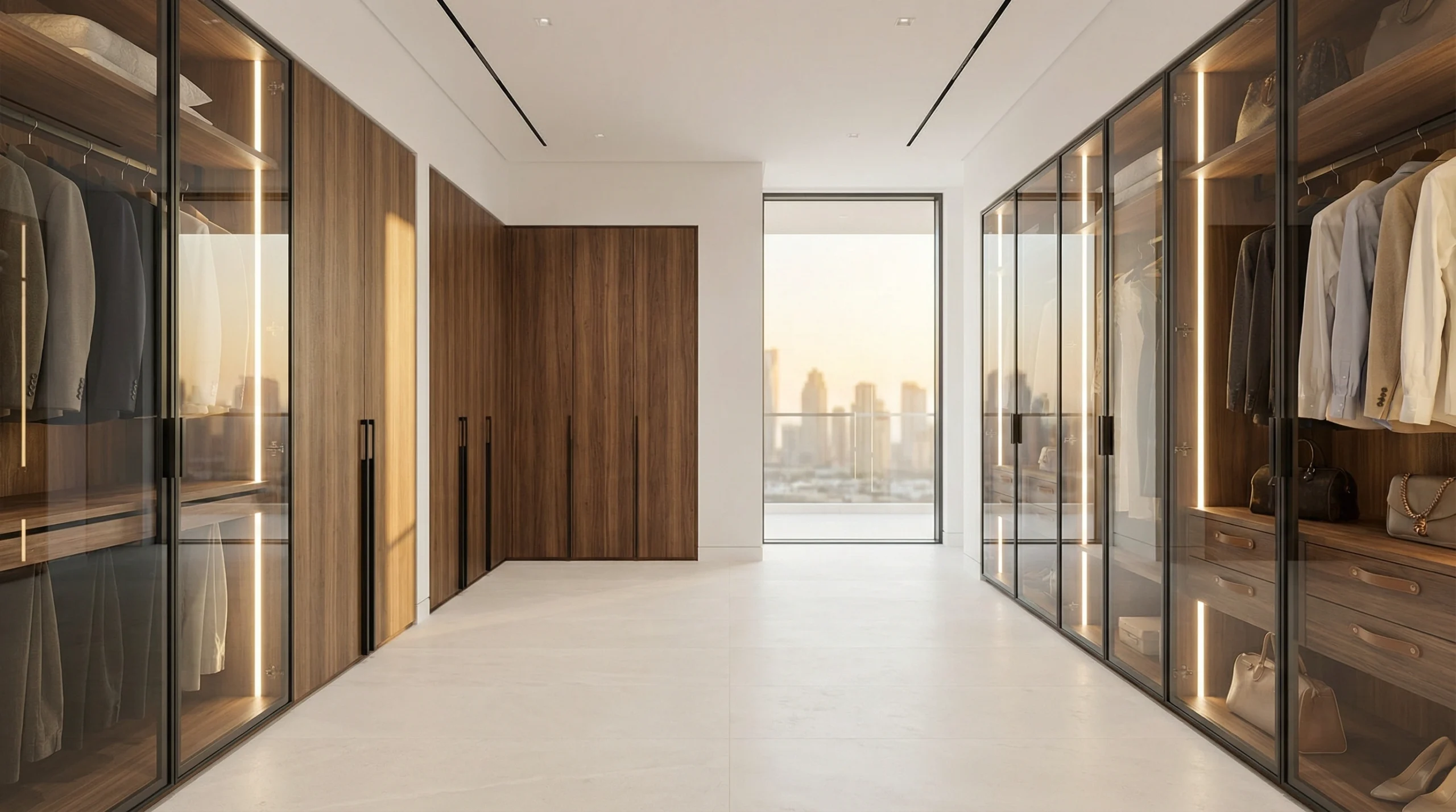 Custom wardrobes Dubai luxury walk-in closet with integrated lighting