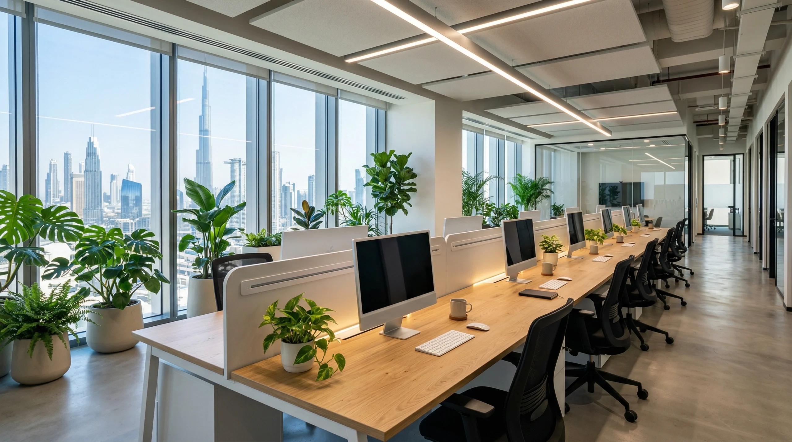 Custom office workstation carpentry by Karnak — open plan workspace fit-out in Dubai