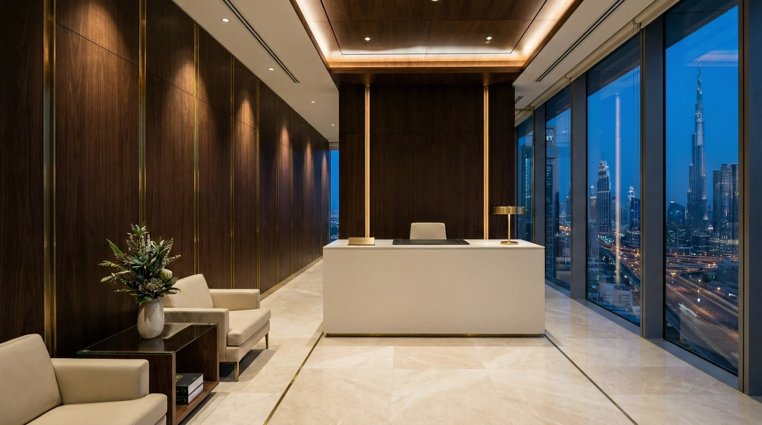 DIFC law firm office fit-out carpentry by Karnak — walnut and lacquer reception in Dubai financial district