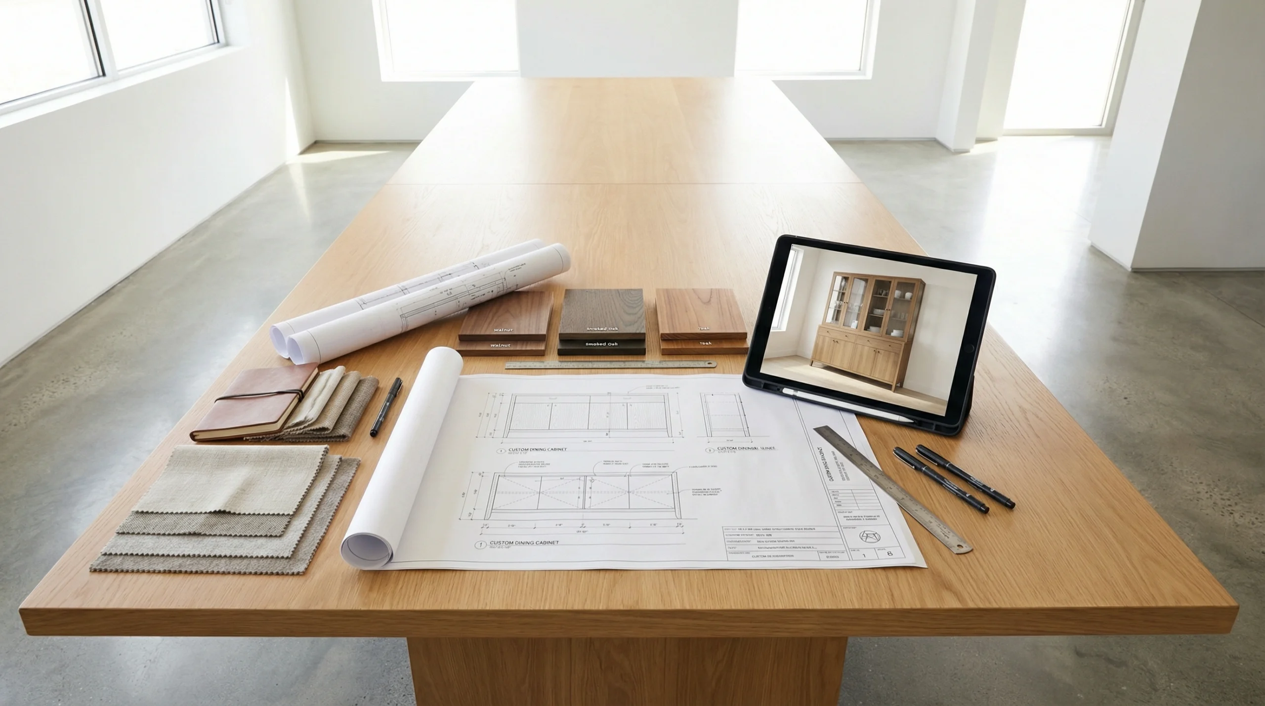 Dining cabinet design consultation with custom drawings and material samples in Dubai