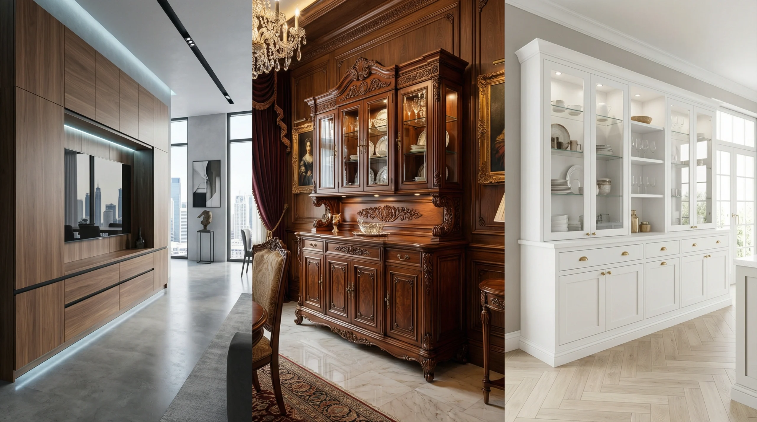 Different dining cabinet styles for Dubai homes showing contemporary, traditional and transitional designs