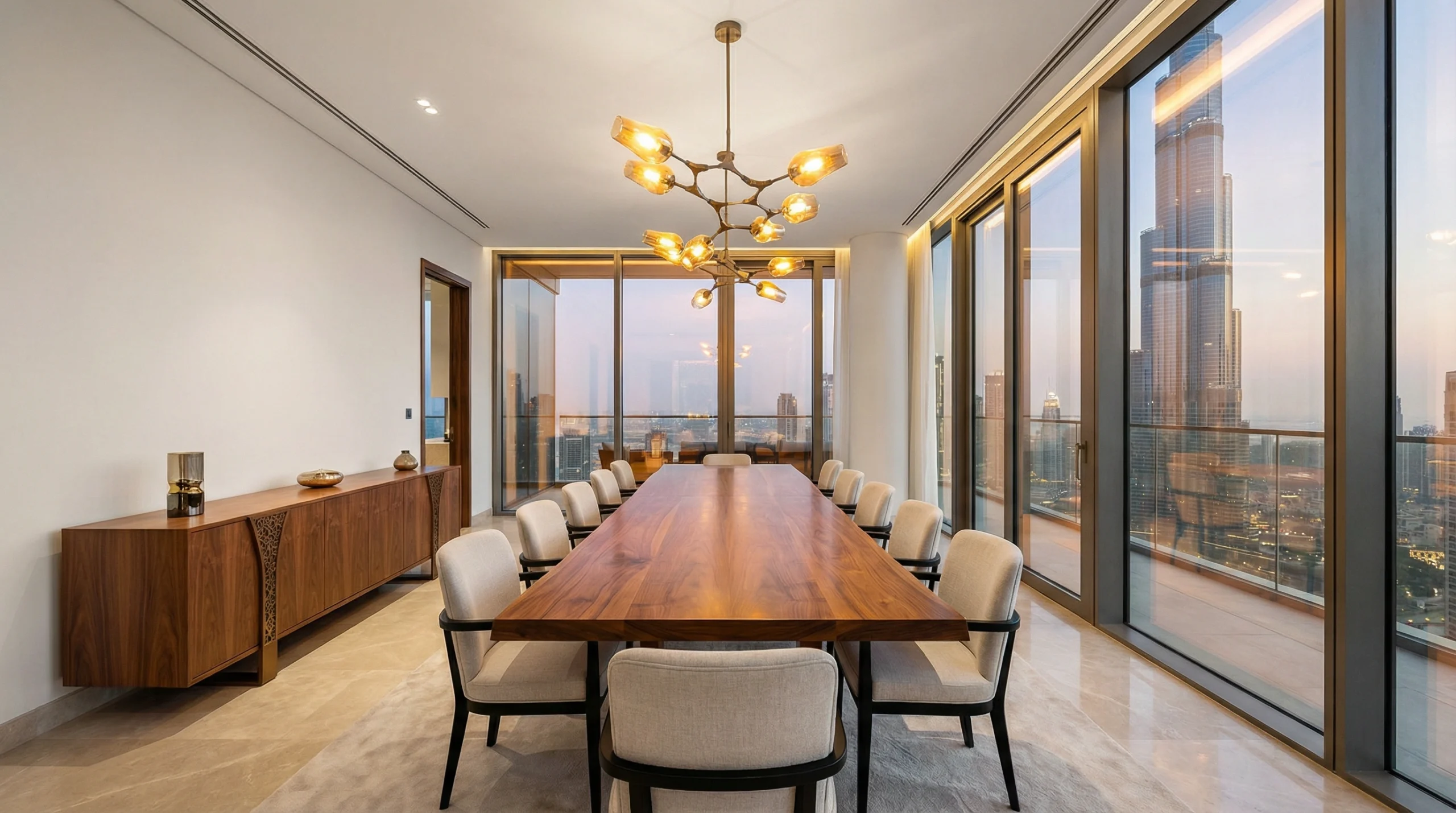 Custom dining room carpentry Dubai with bespoke table and built-in storage