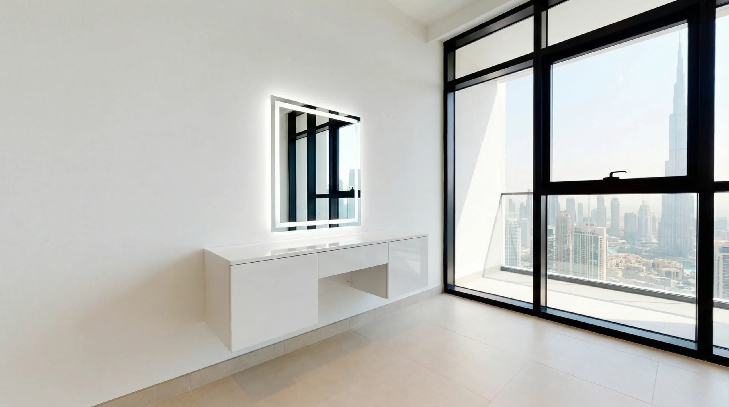 Space-saving floating dressing table Downtown Dubai studio apartment