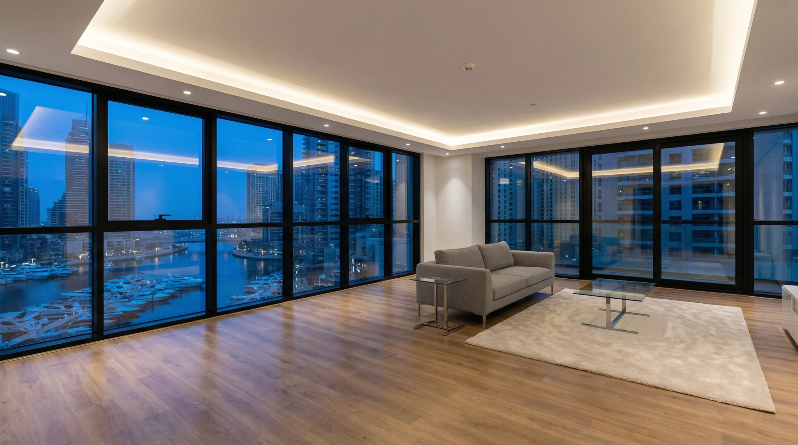 Luxury laminate flooring installation Dubai Marina high-rise apartment