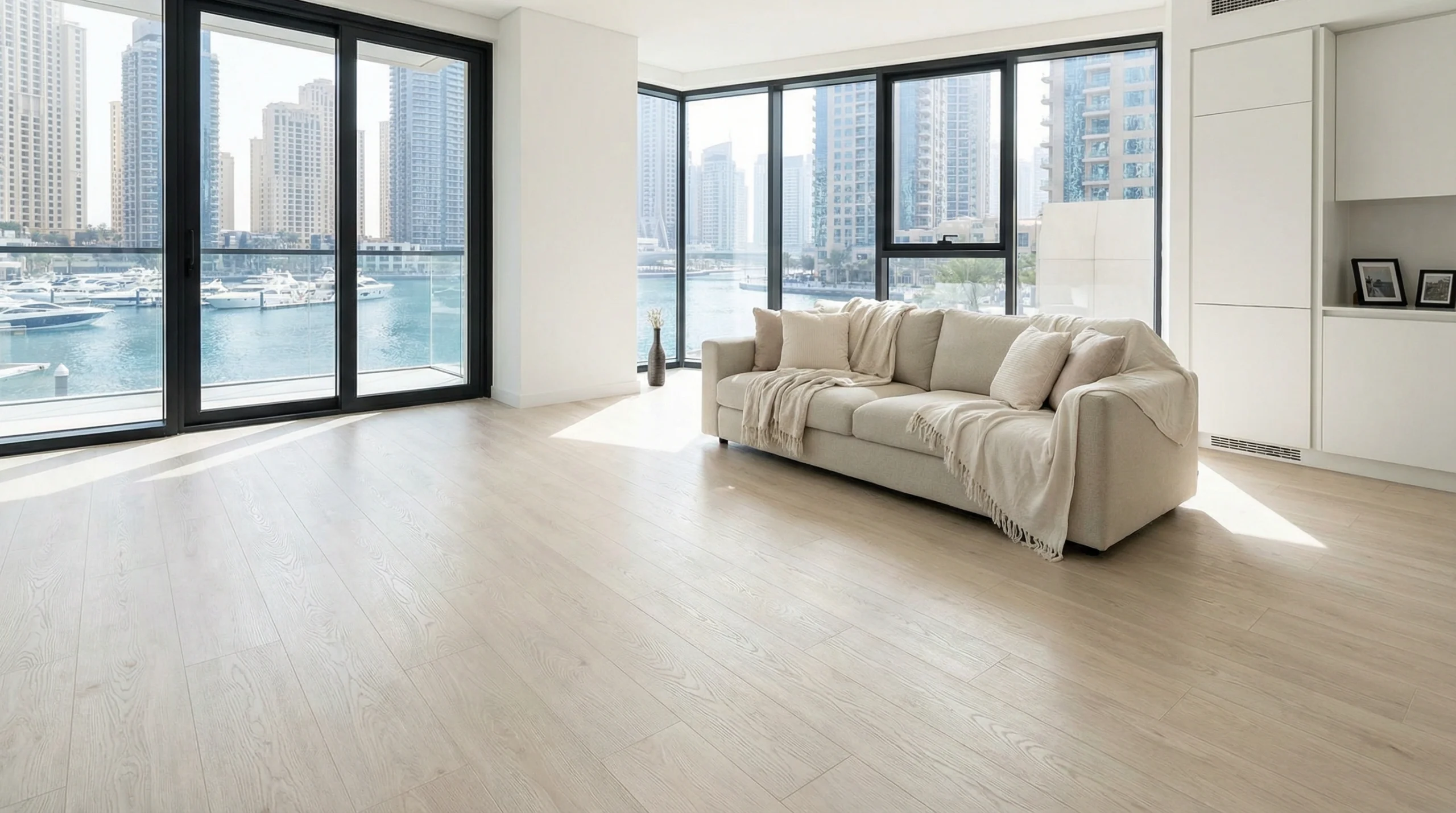 Luxury vinyl plank flooring installation Dubai Marina apartment with waterproof SPC flooring