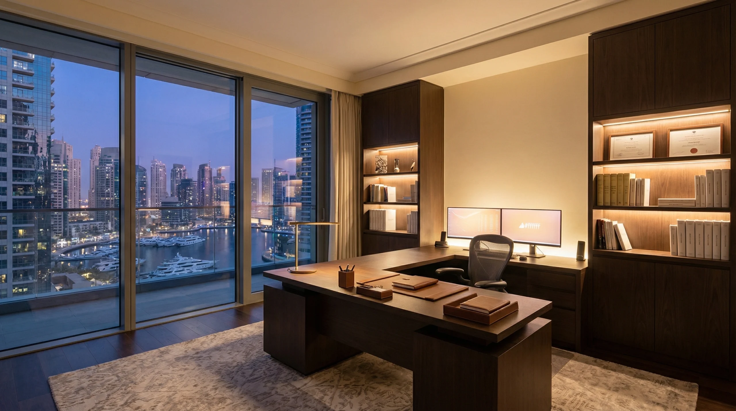Custom executive home office carpentry Dubai Marina apartment