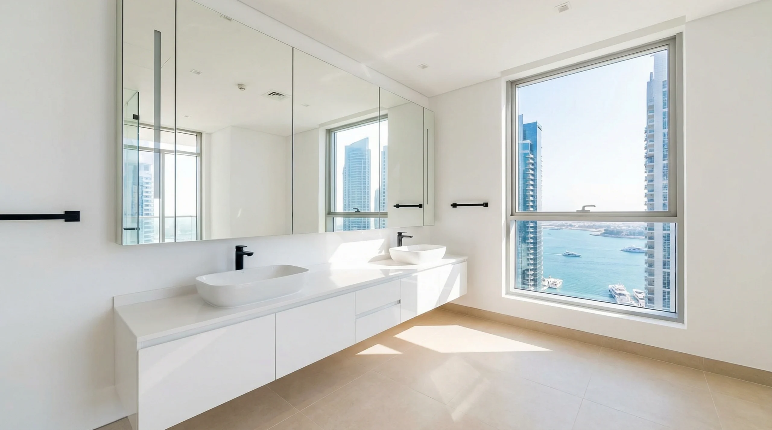 Mirror cabinet installation Dubai Marina coastal apartment bathroom