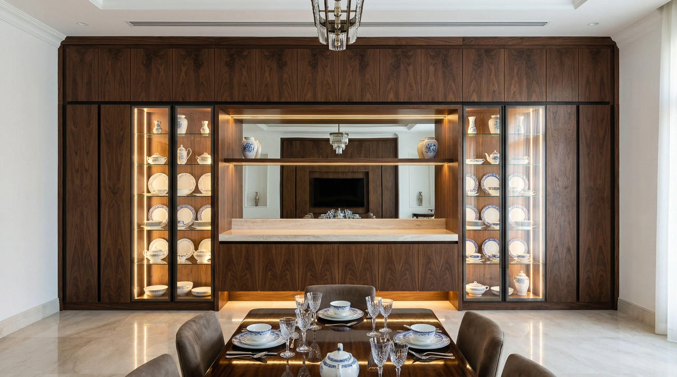 Custom walnut dining cabinet wall system in Emirates Hills villa with display and buffet storage