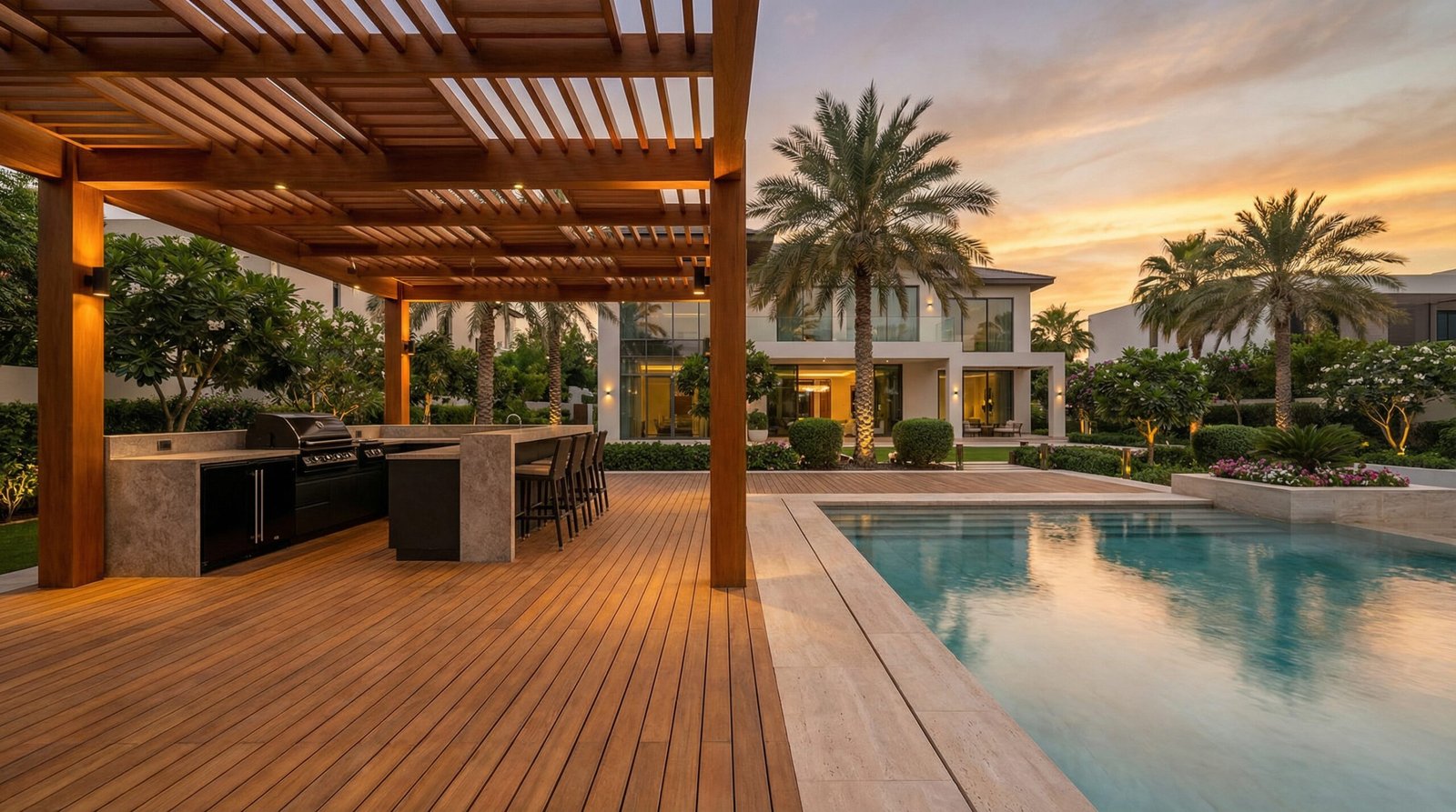 Luxury poolside pergola and teak deck installation Emirates Hills Dubai by Karnak Carpentry