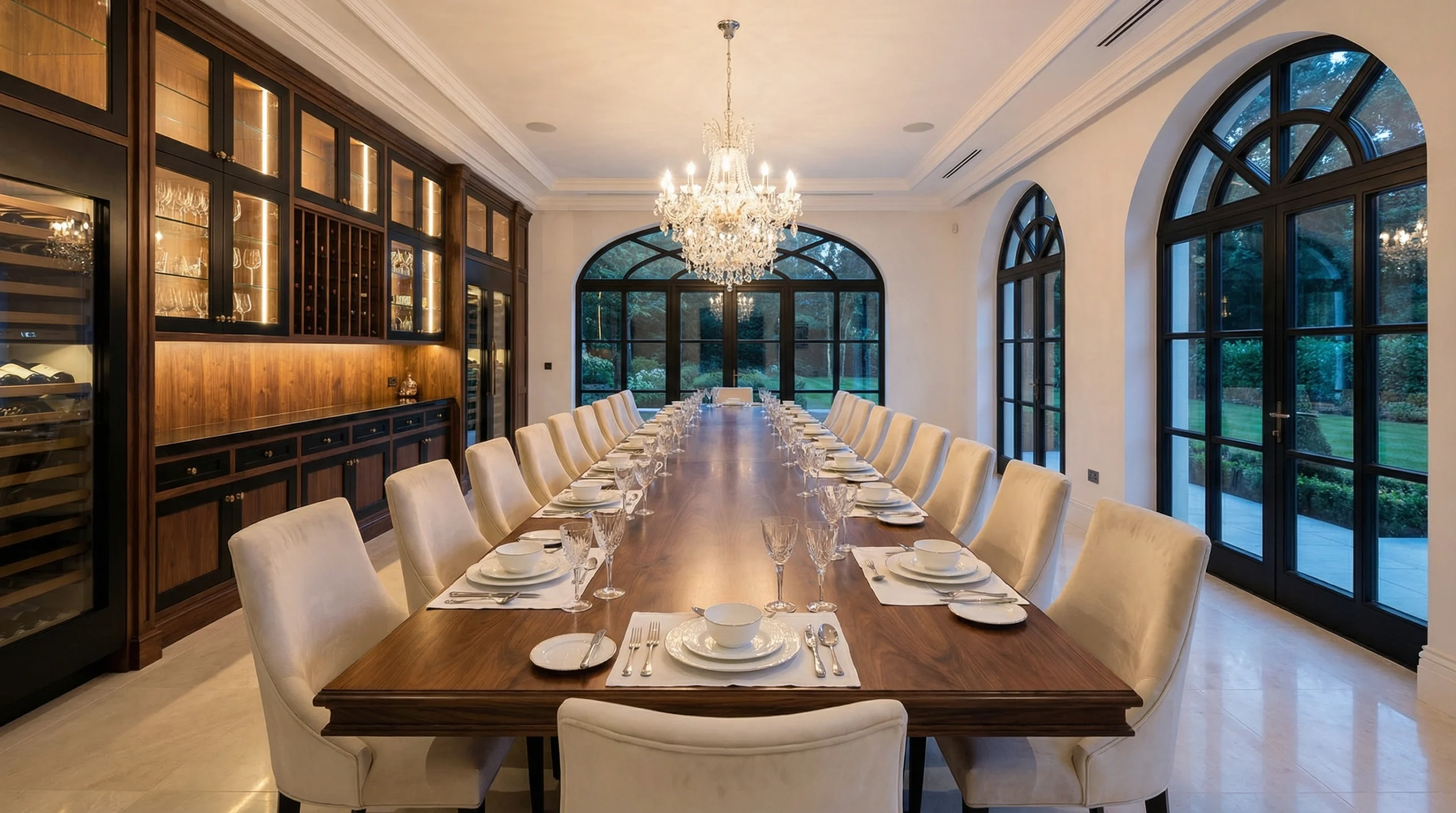 Custom formal dining room carpentry Emirates Hills villa Dubai