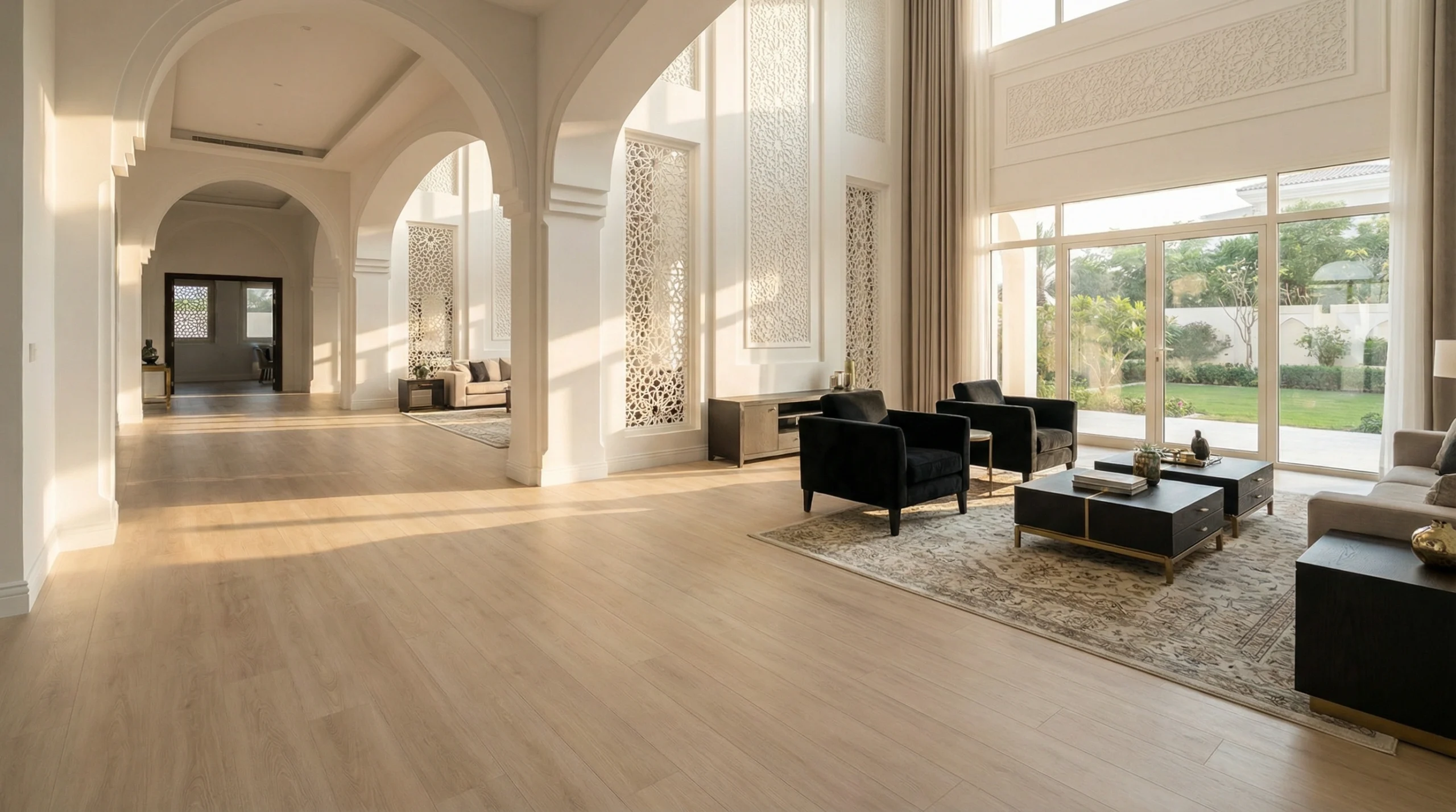 Premium oak laminate flooring installation Emirates Hills luxury villa Dubai