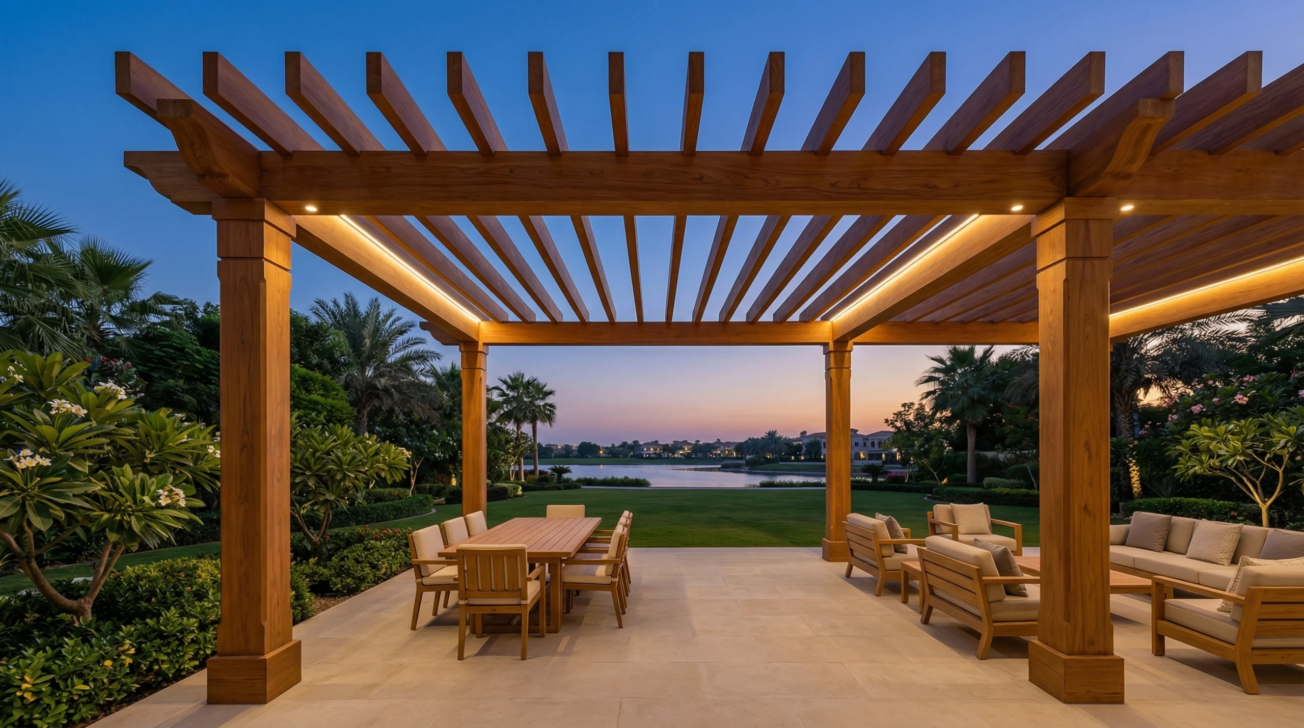 Freestanding teak pergola in Emirates Hills villa, Dubai, built by Karnak Carpentry