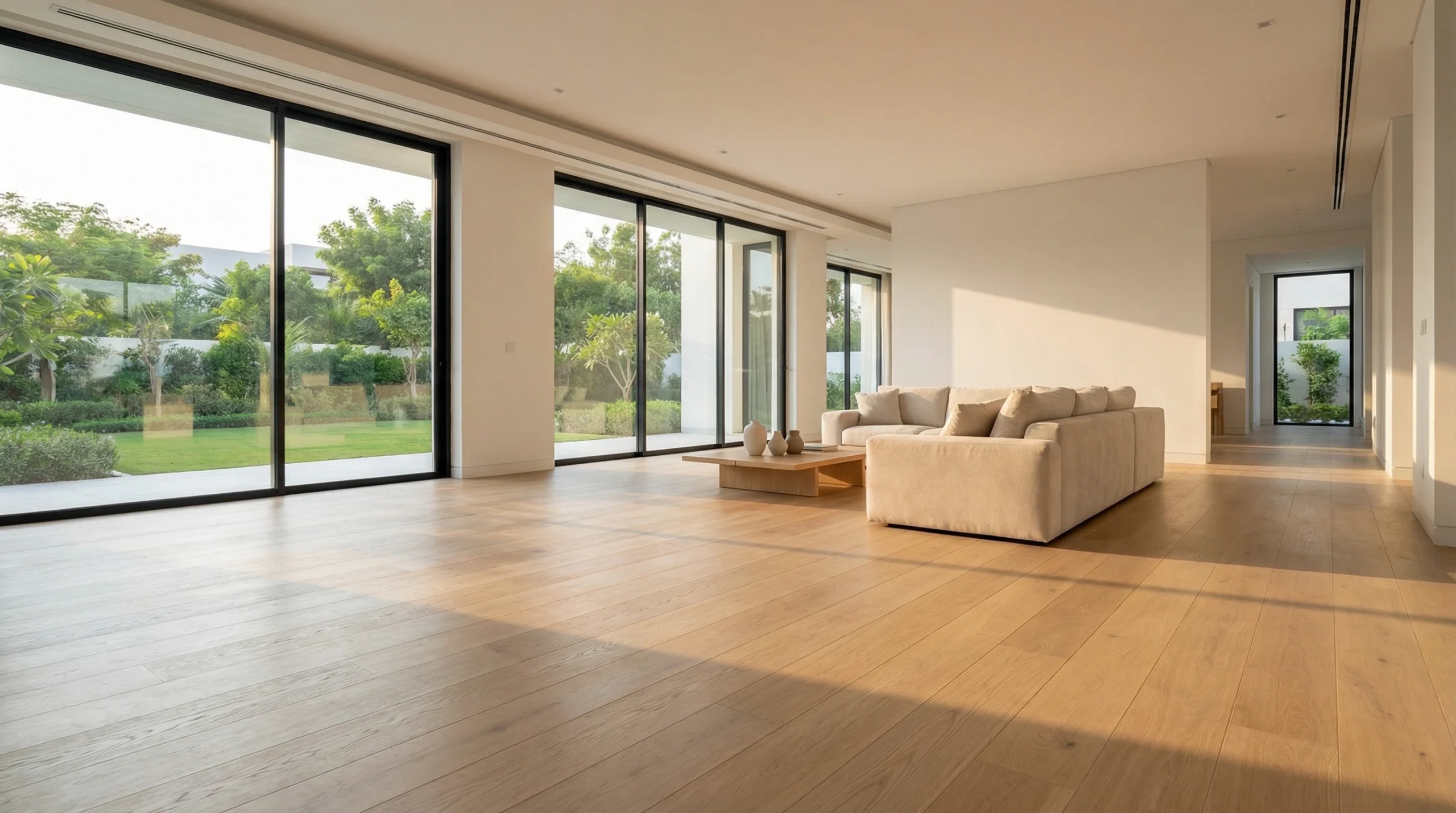 Wooden flooring installation Emirates Hills villa Dubai by Karnak Carpentry