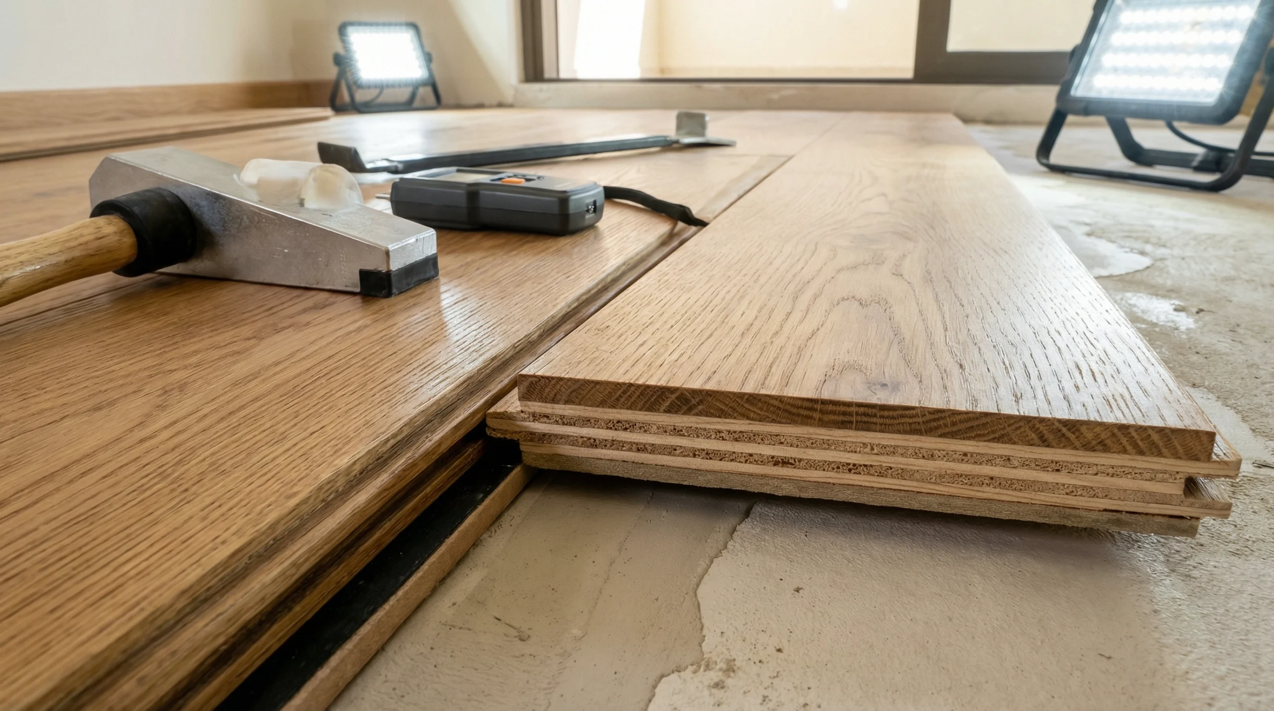 Engineered hardwood flooring installation showing professional fitting techniques Dubai