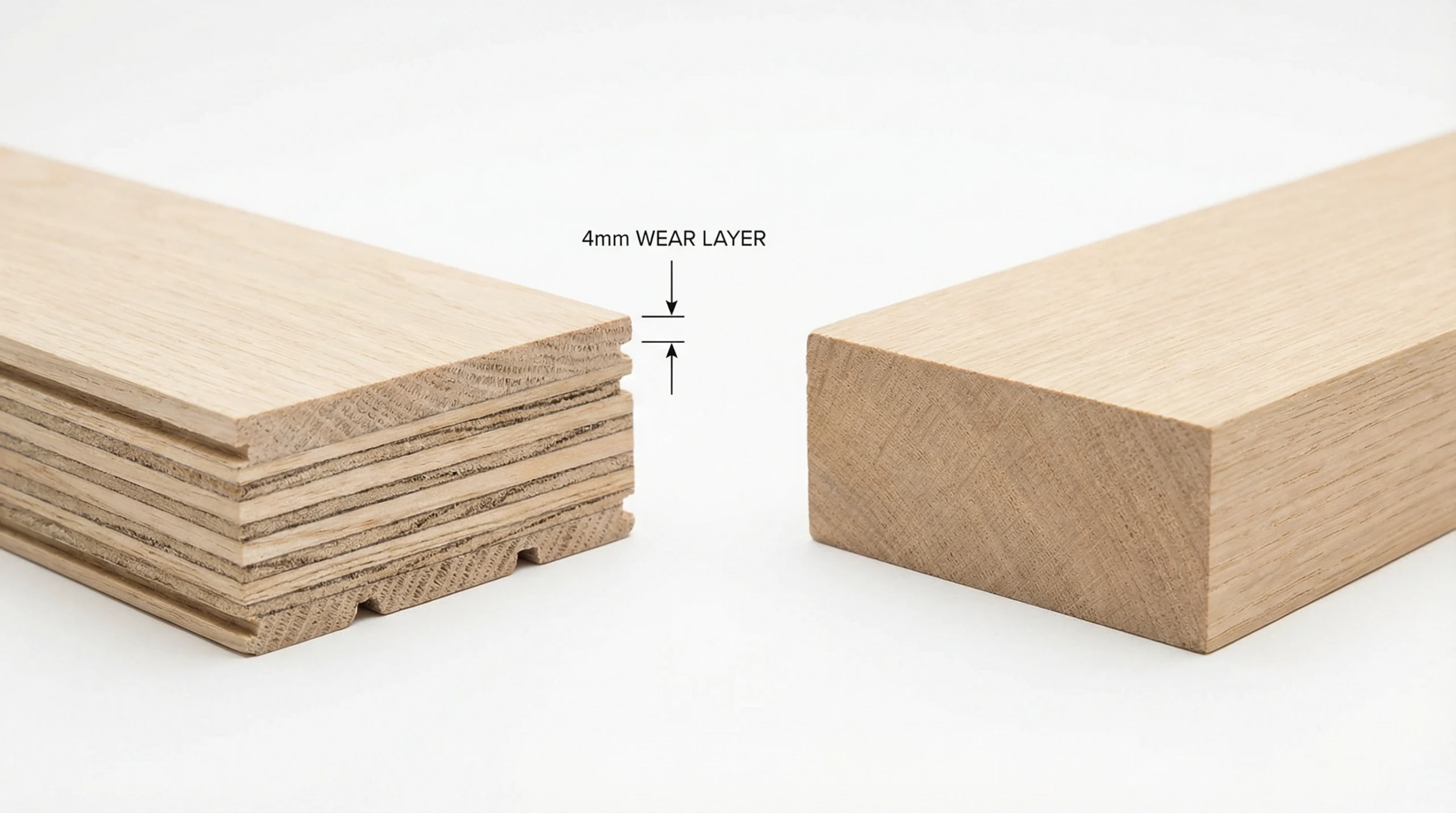 Engineered parquet flooring construction showing layered core versus solid wood parquet