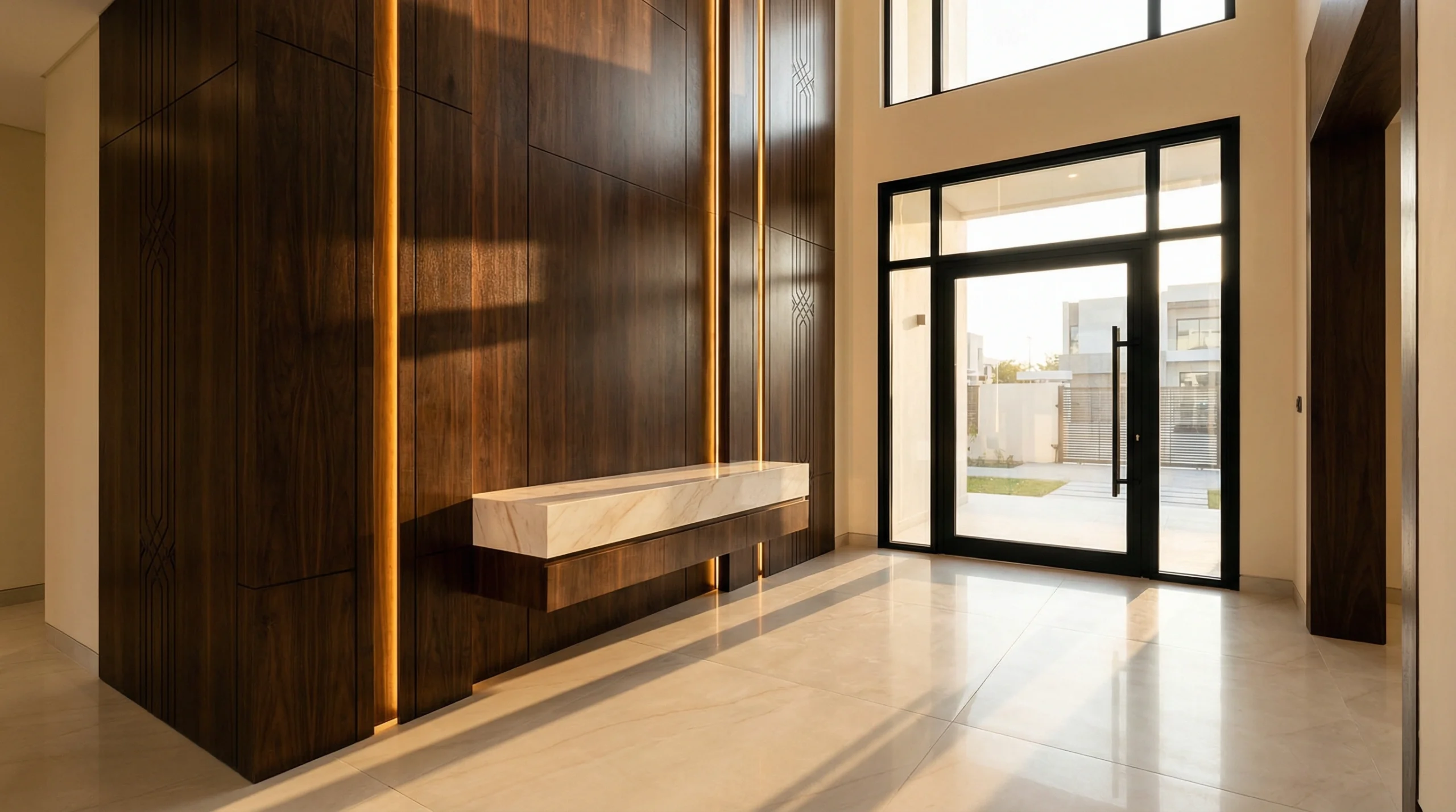 Custom entryway carpentry Dubai luxury villa foyer with walnut paneling