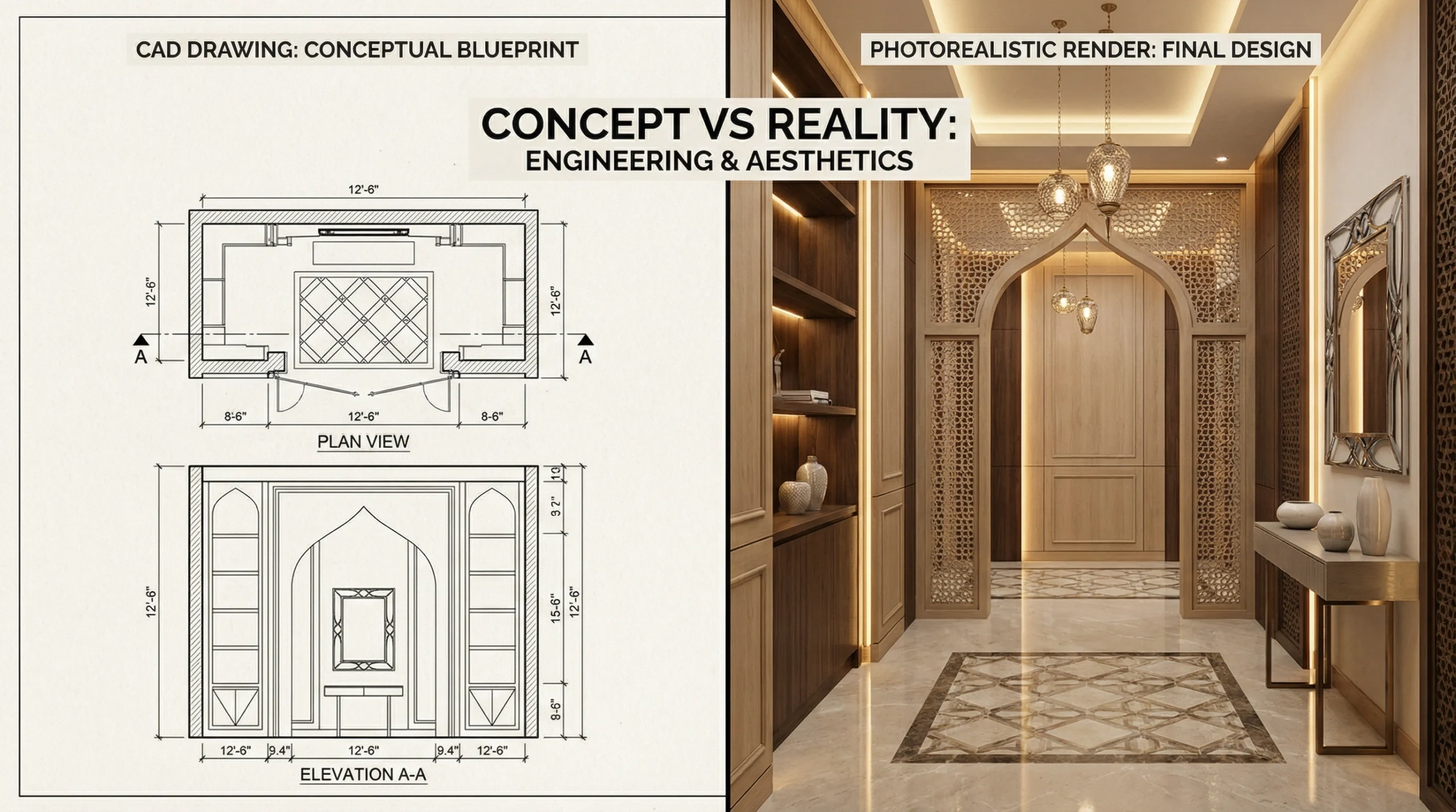 Entryway carpentry Dubai 3D design rendering process
