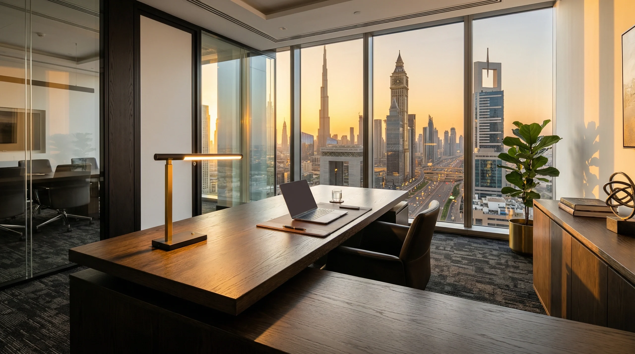 Bespoke executive desk in solid oak built by Karnak Carpentry for a DIFC Dubai office