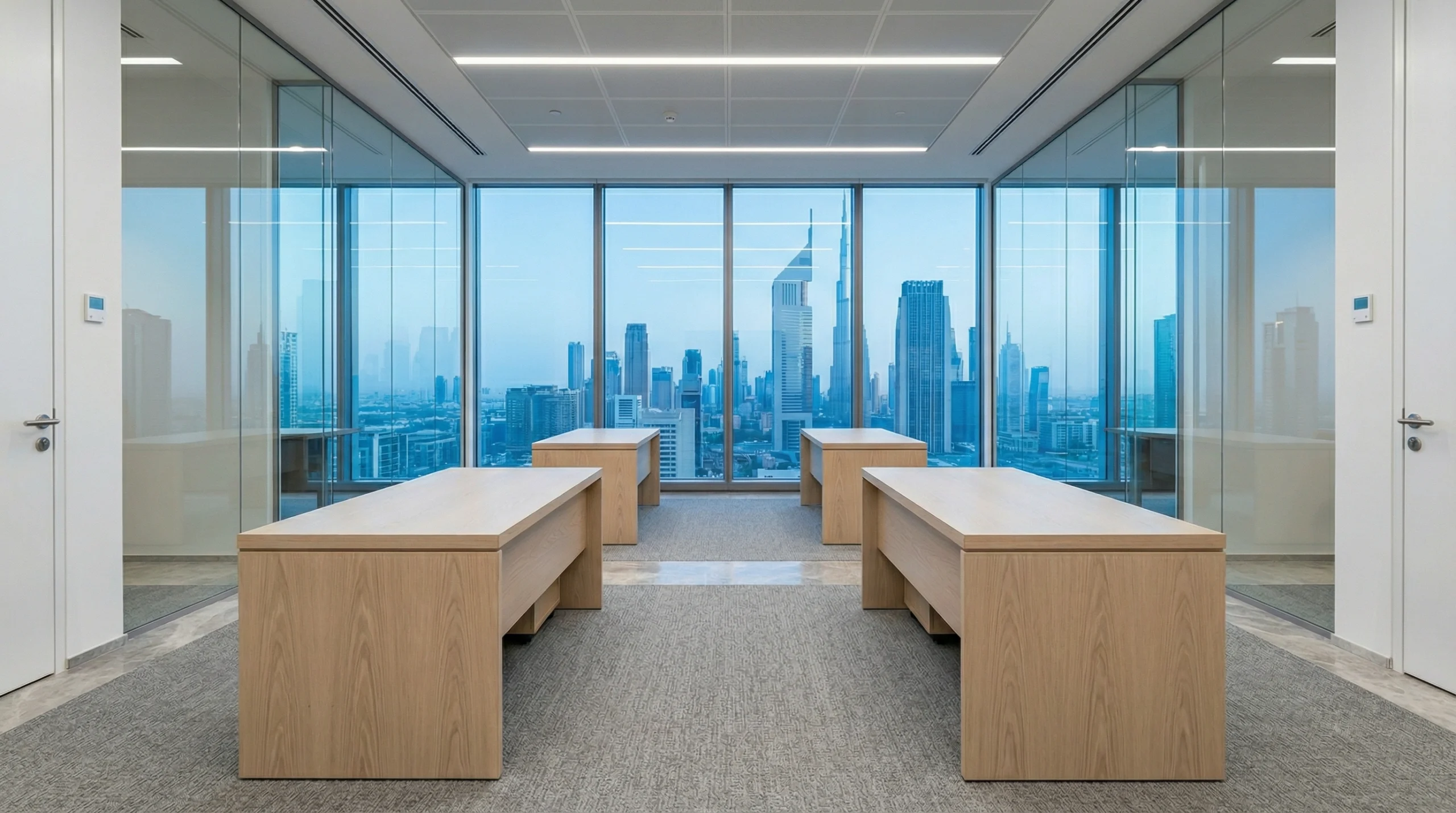 Custom executive desks in white oak built by Karnak Carpentry for a DIFC Dubai financial firm