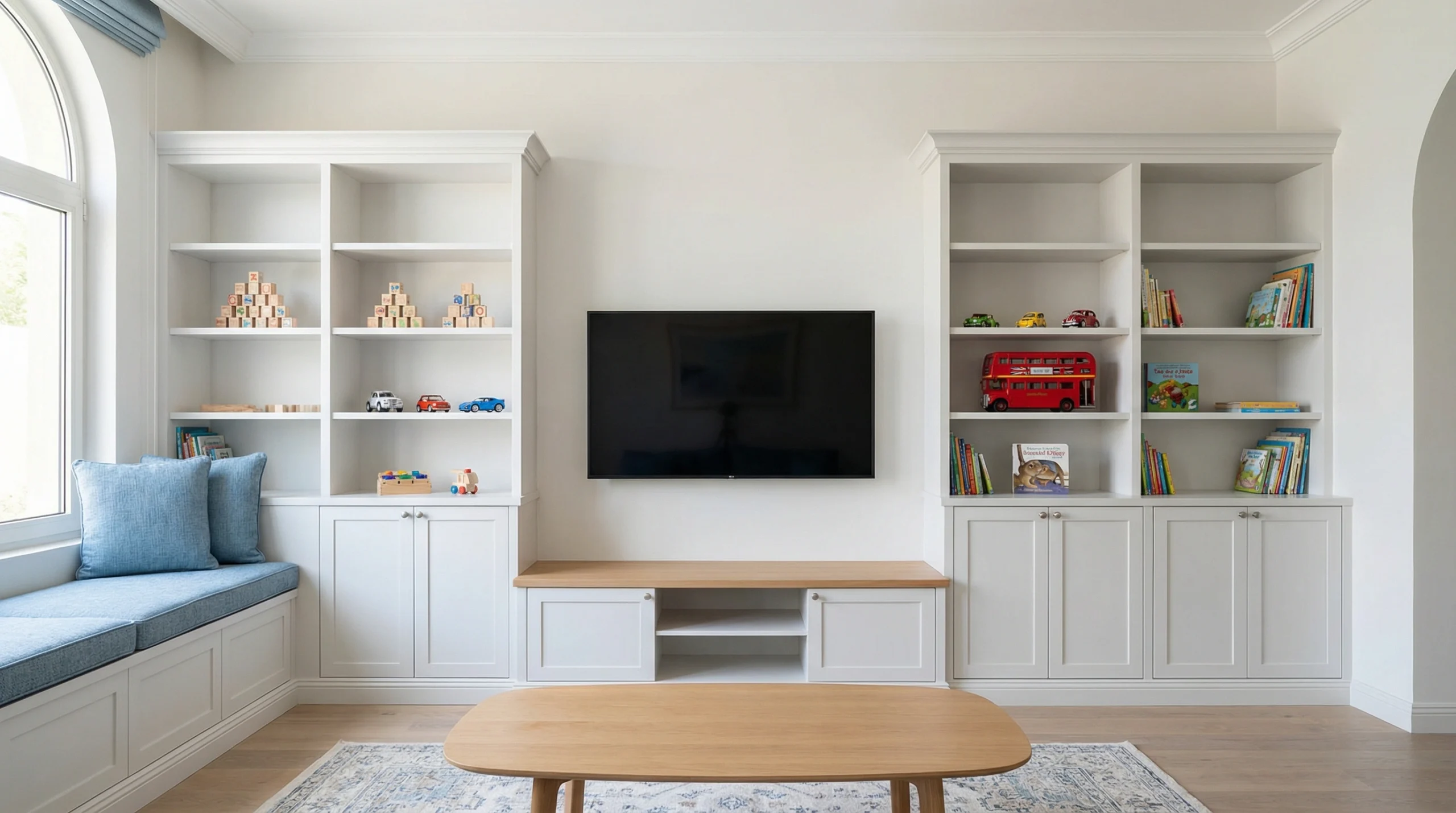 Family-friendly living room storage solutions carpentry Dubai
