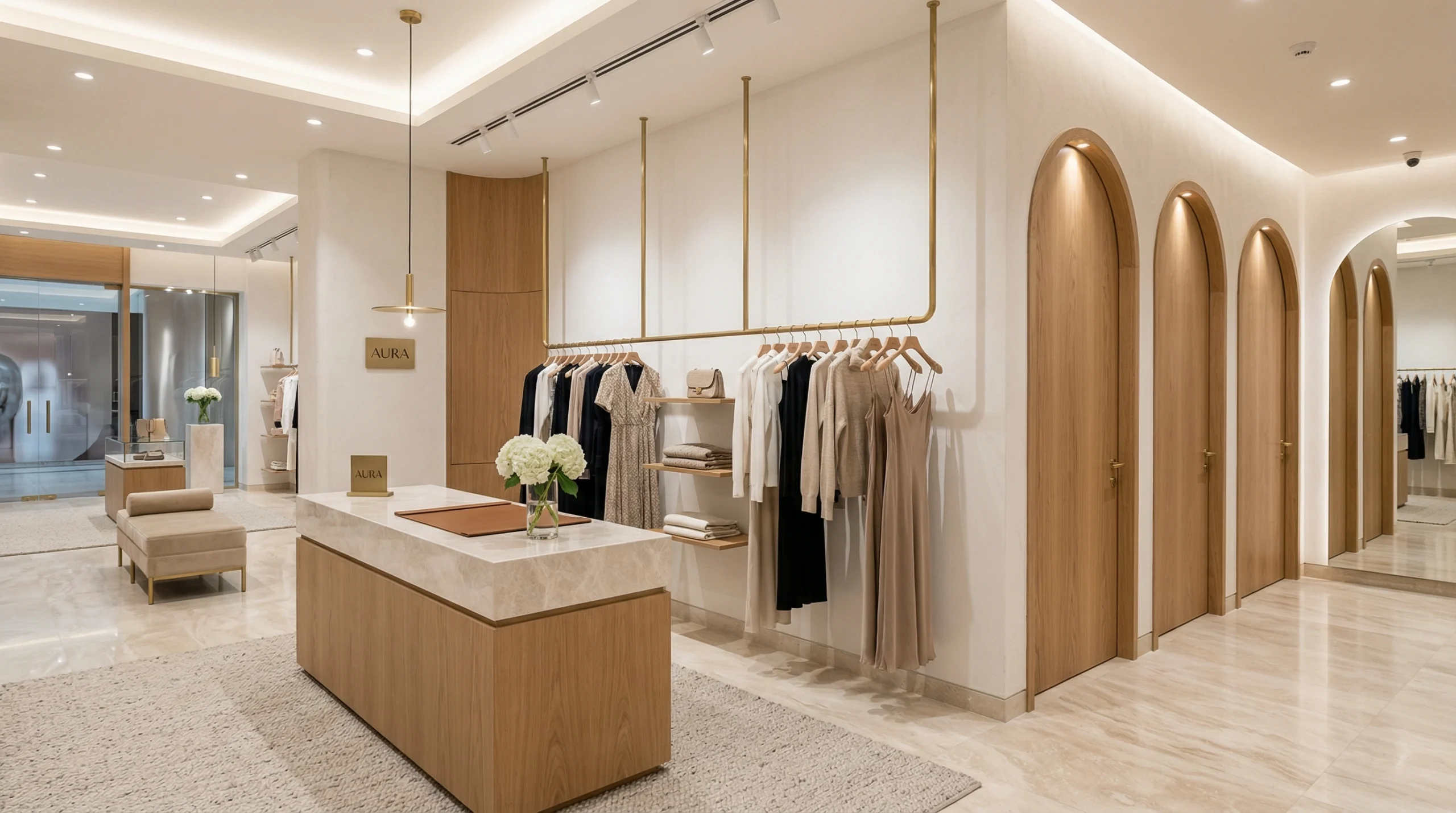 Luxury fashion boutique fit-out Dubai Mall — bespoke oak and brass retail interior by Karnak Carpentry