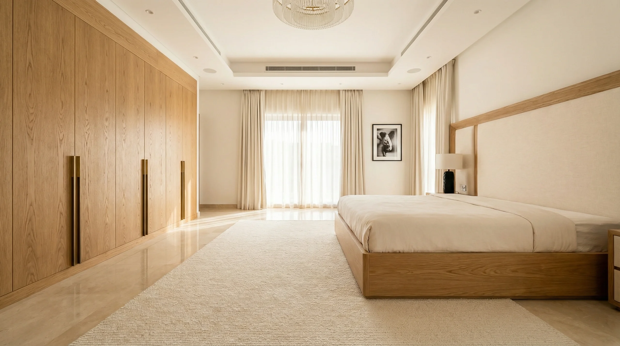Master bedroom carpentry Emirates Hills villa – custom wardrobe and bed surround by Karnak