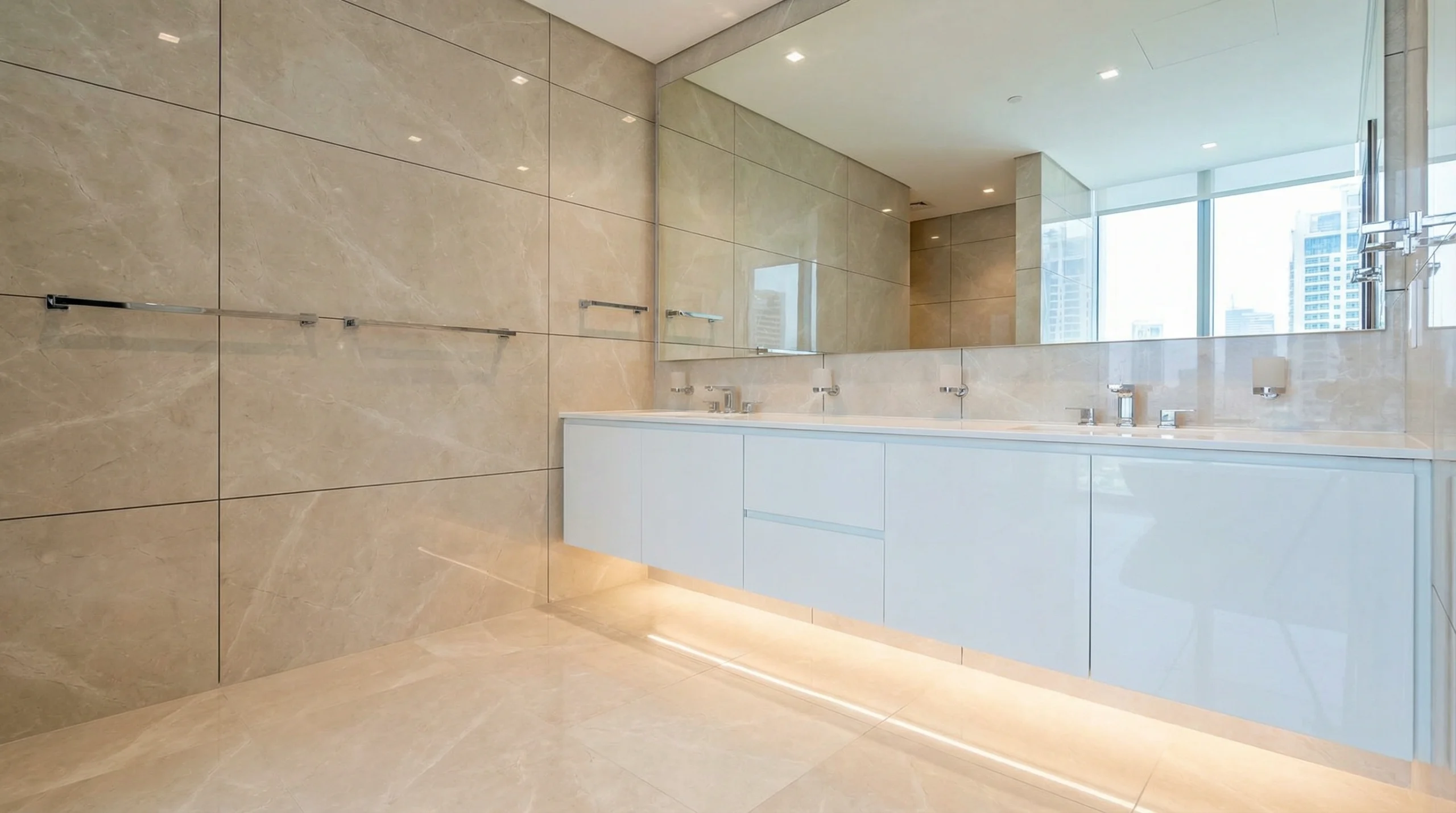 Floating bathroom vanity installation Dubai contemporary design