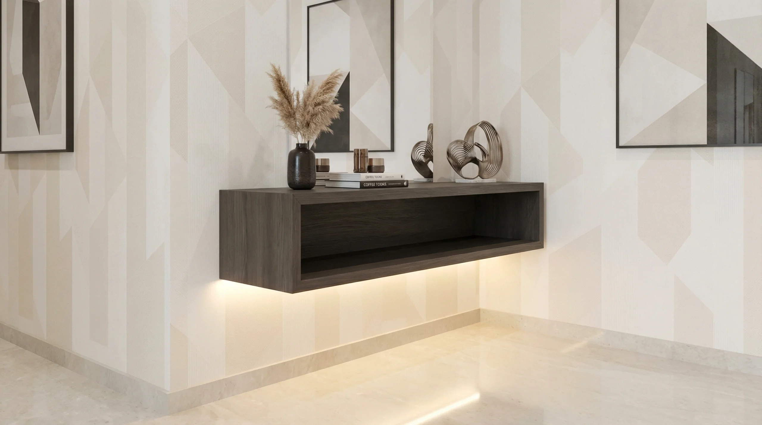 Floating wall-mounted console table in smoked oak with hidden support system, installed in a Dubai home