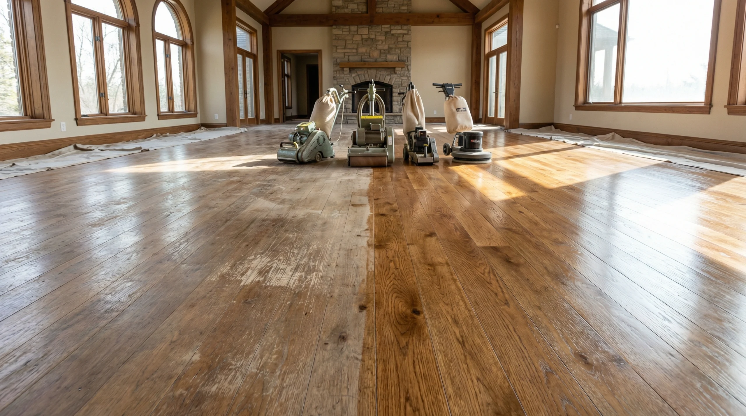 Hardwood floor refinishing service Dubai showing restoration process and results