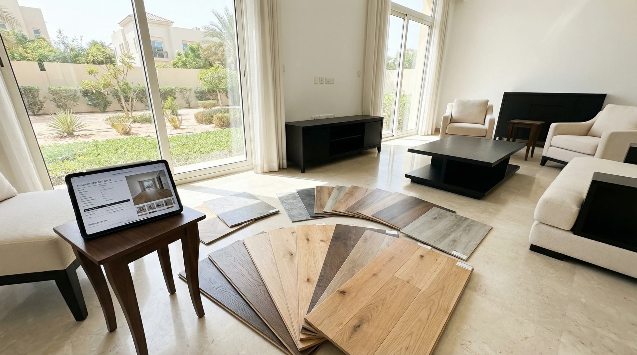 Flooring installation consultation process in Dubai home with material samples