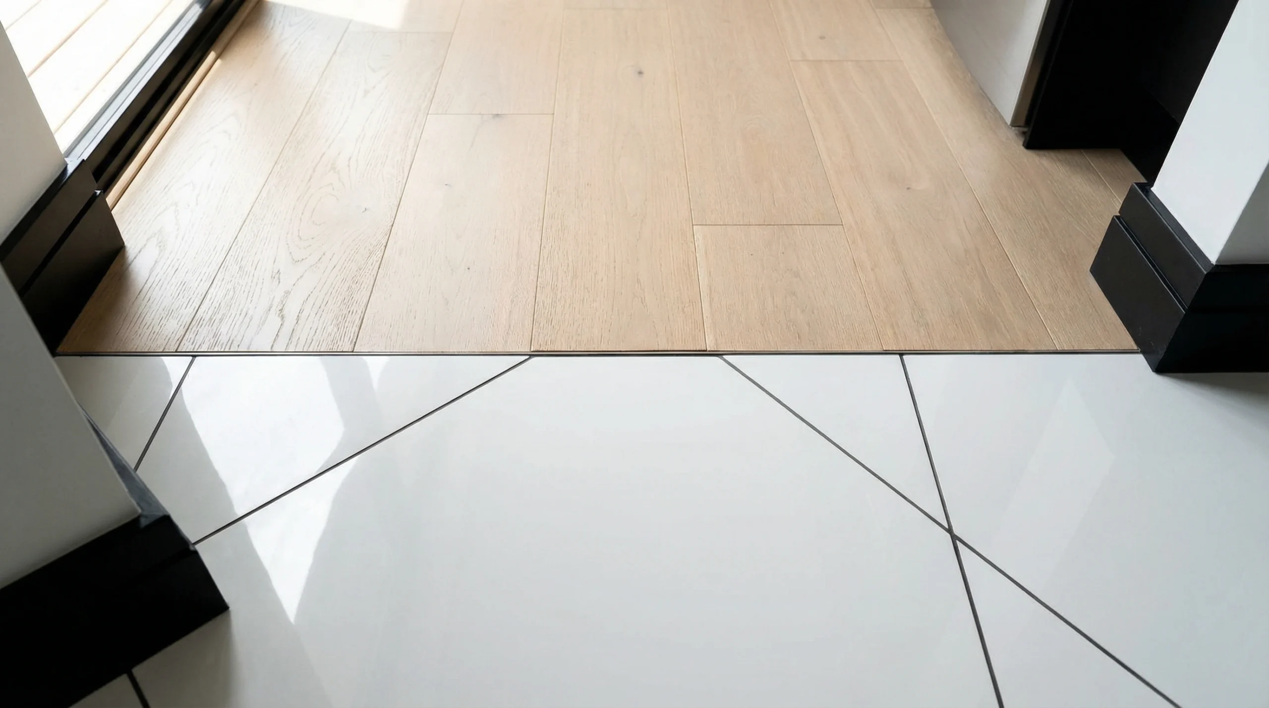 Professional flooring transition installation hardwood to tile Dubai villa entrance