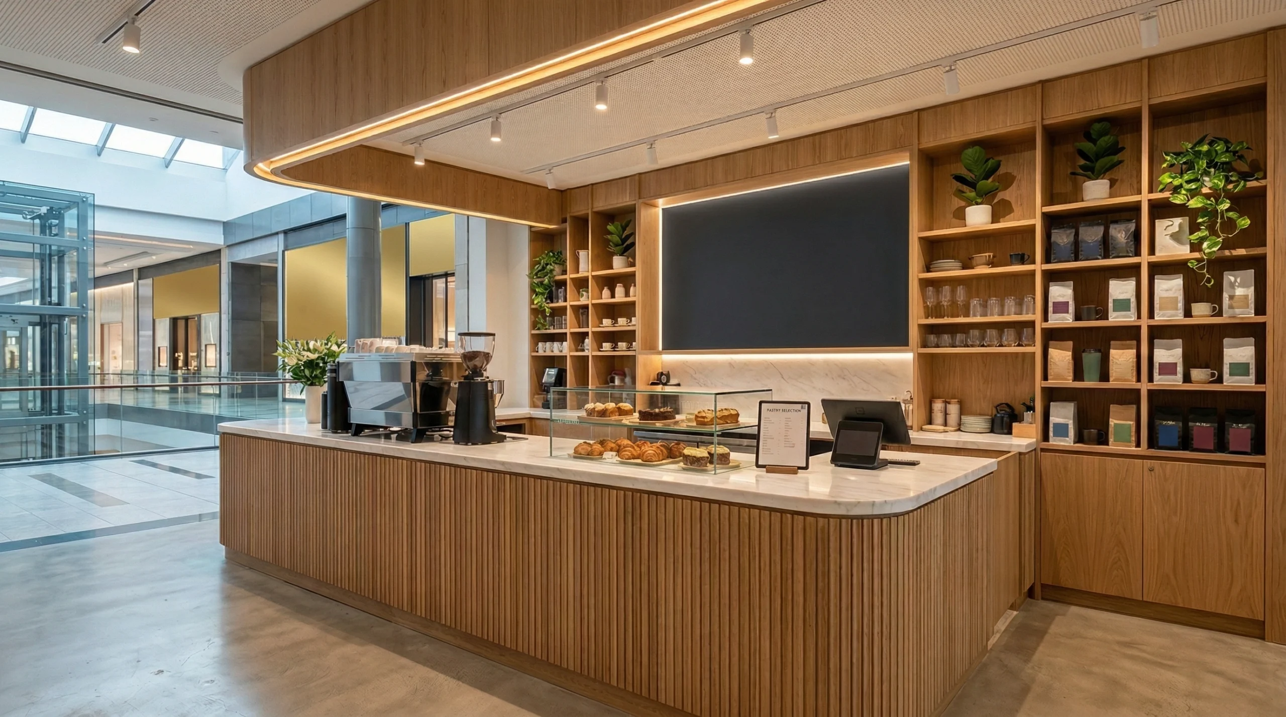 Food and beverage retail counter fit-out Dubai — café joinery and display by Karnak Carpentry