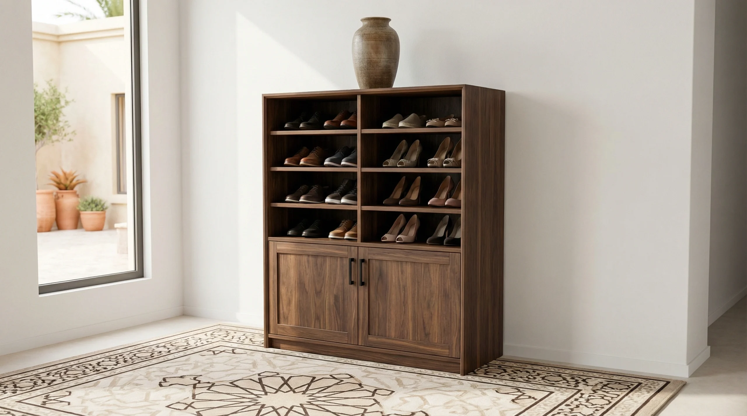 Freestanding wooden shoe racks with open shelving and cabinet storage