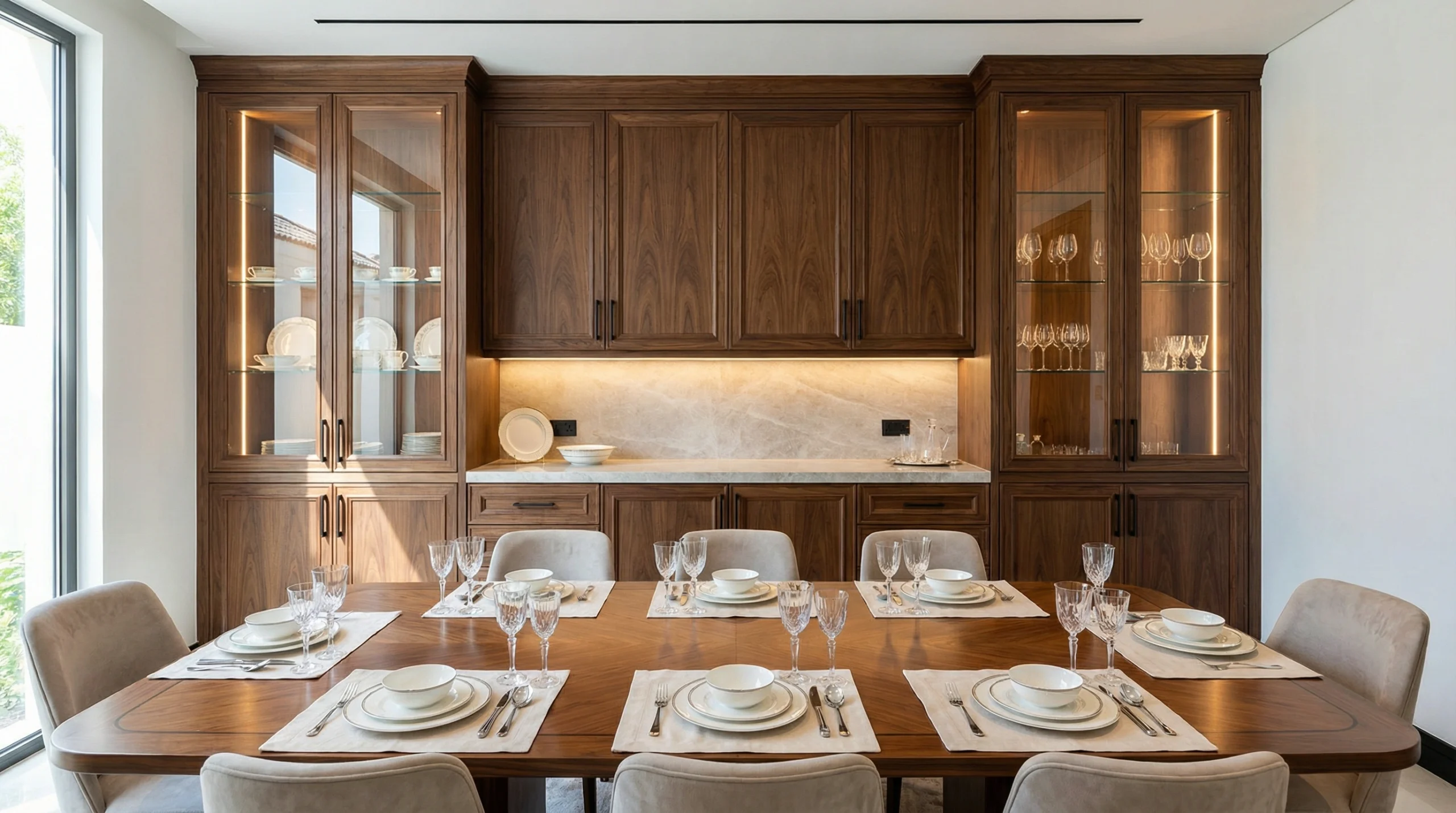 Floor-to-ceiling dining cabinet system with buffet and display storage in Dubai villa
