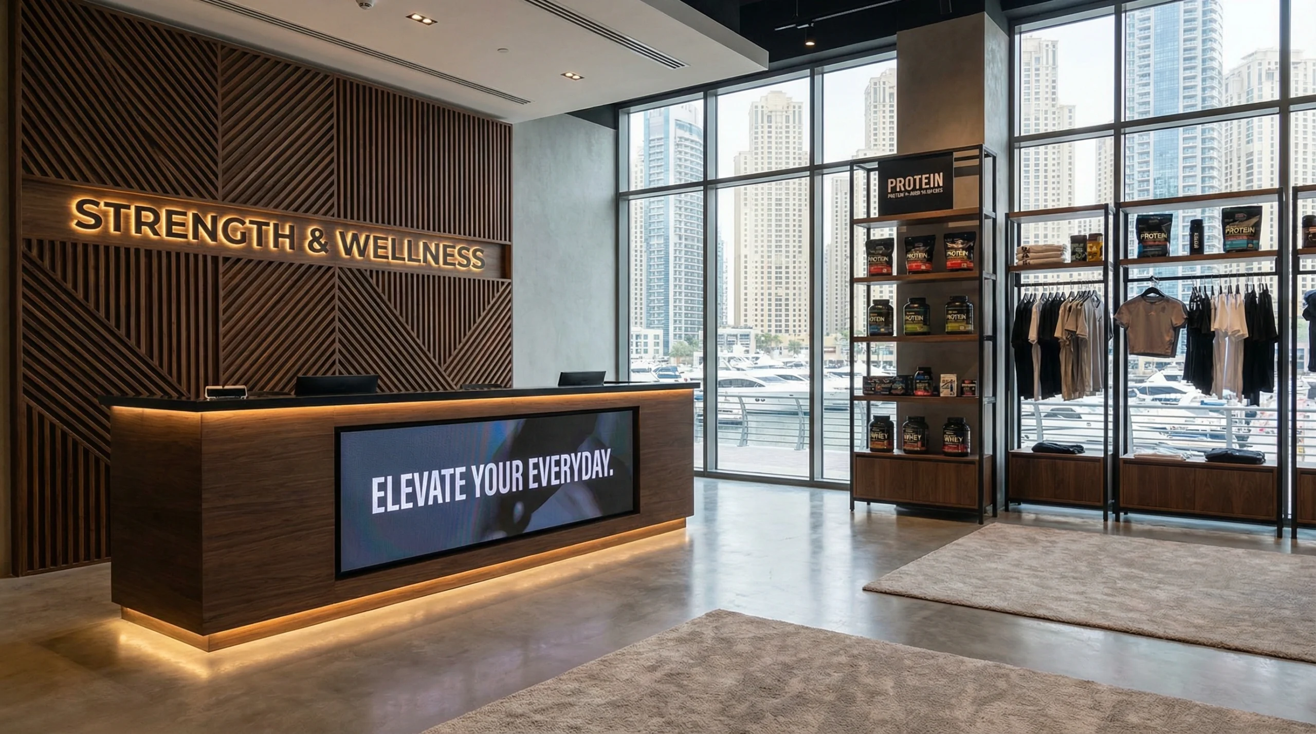 Gym and fitness center reception commercial carpentry Dubai health club