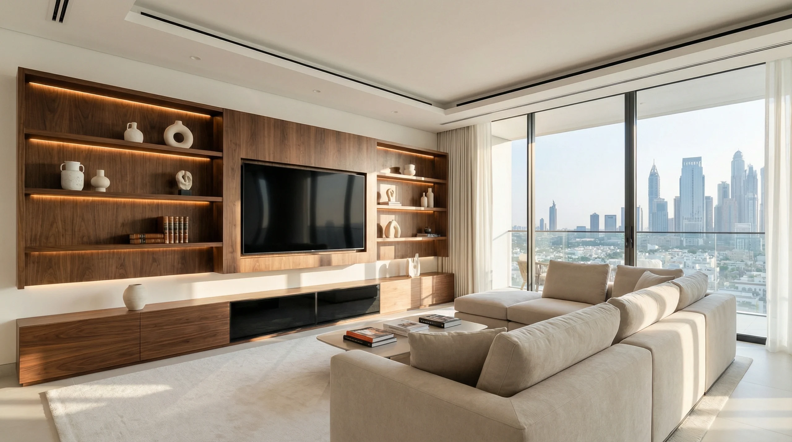 Custom home furniture Dubai — bespoke walnut entertainment unit in a luxury Dubai apartment by Karnak Carpentry