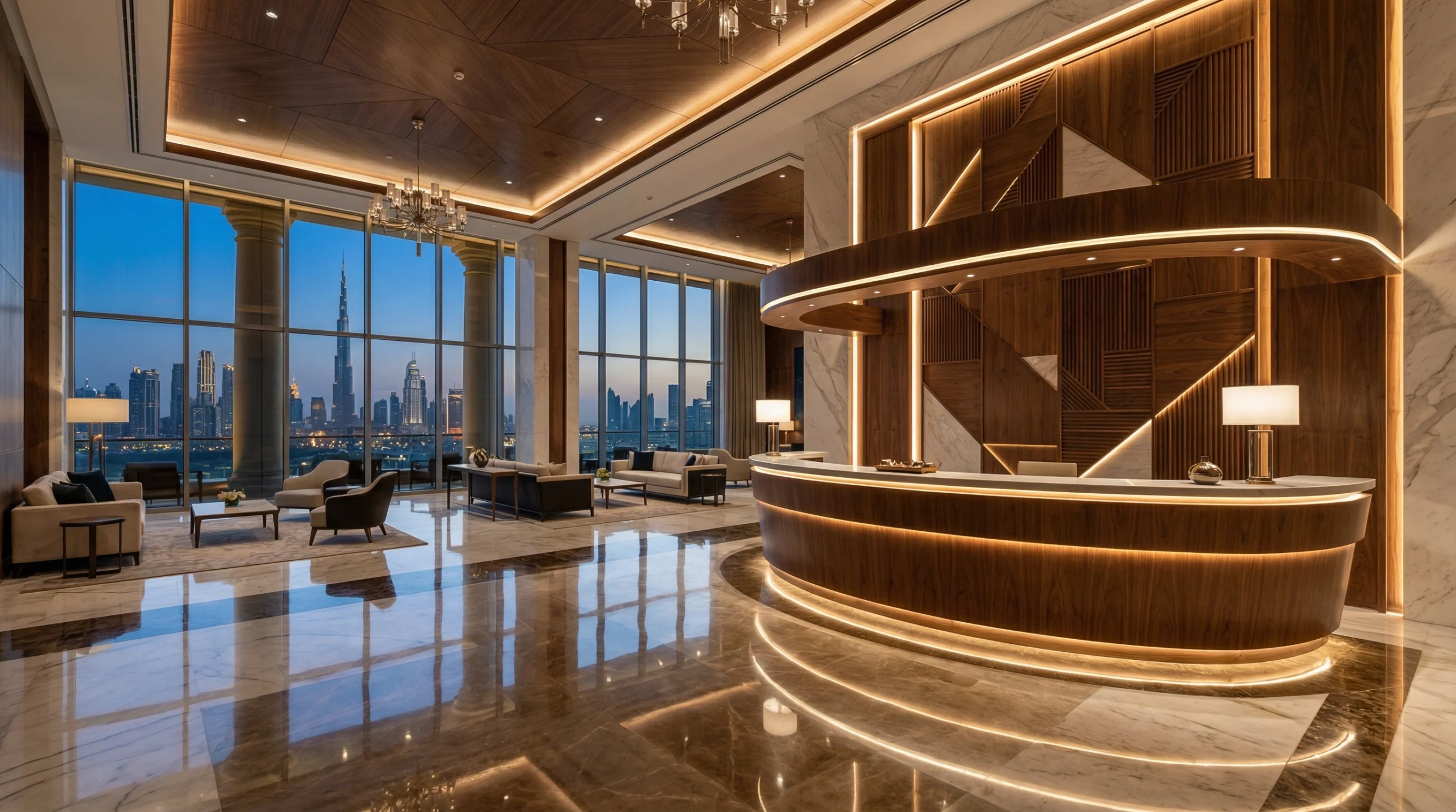 Hotel carpentry Dubai – custom reception desk and lobby wall paneling by Karnak Carpentry