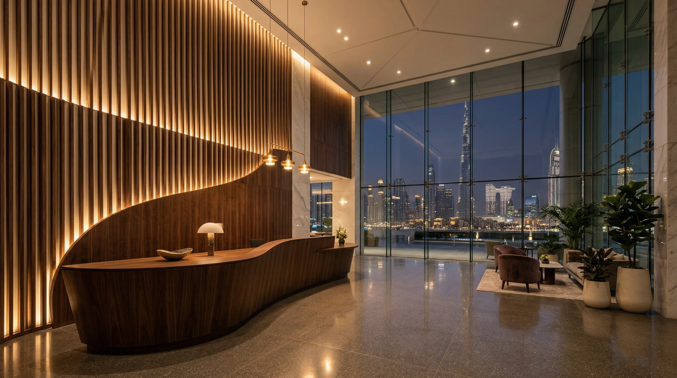 Hotel lobby renovation Downtown Dubai – custom walnut reception desk and feature paneling by Karnak