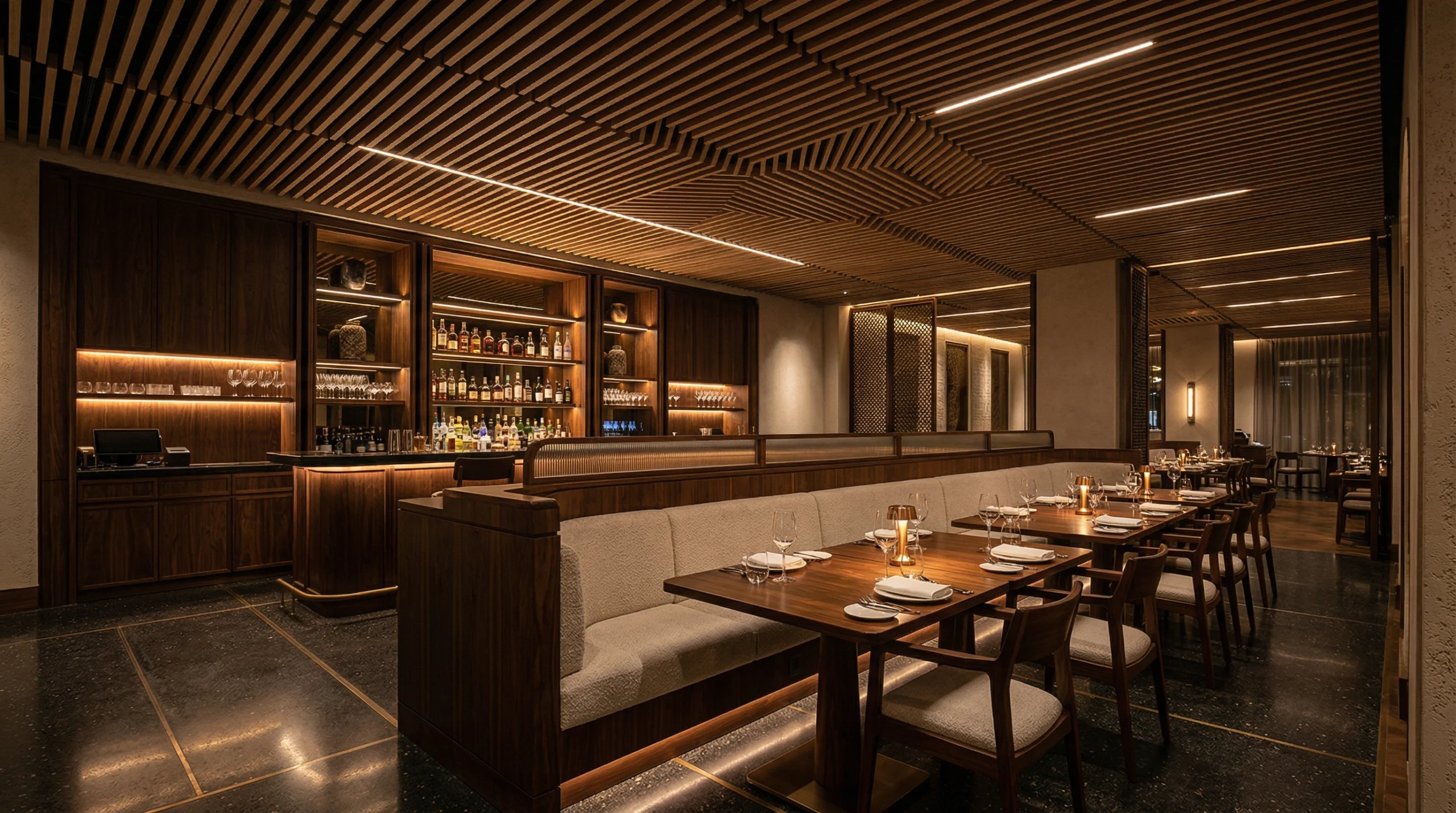 Hotel restaurant and bar carpentry fit-out Dubai – custom banquettes and bar cabinetry by Karnak