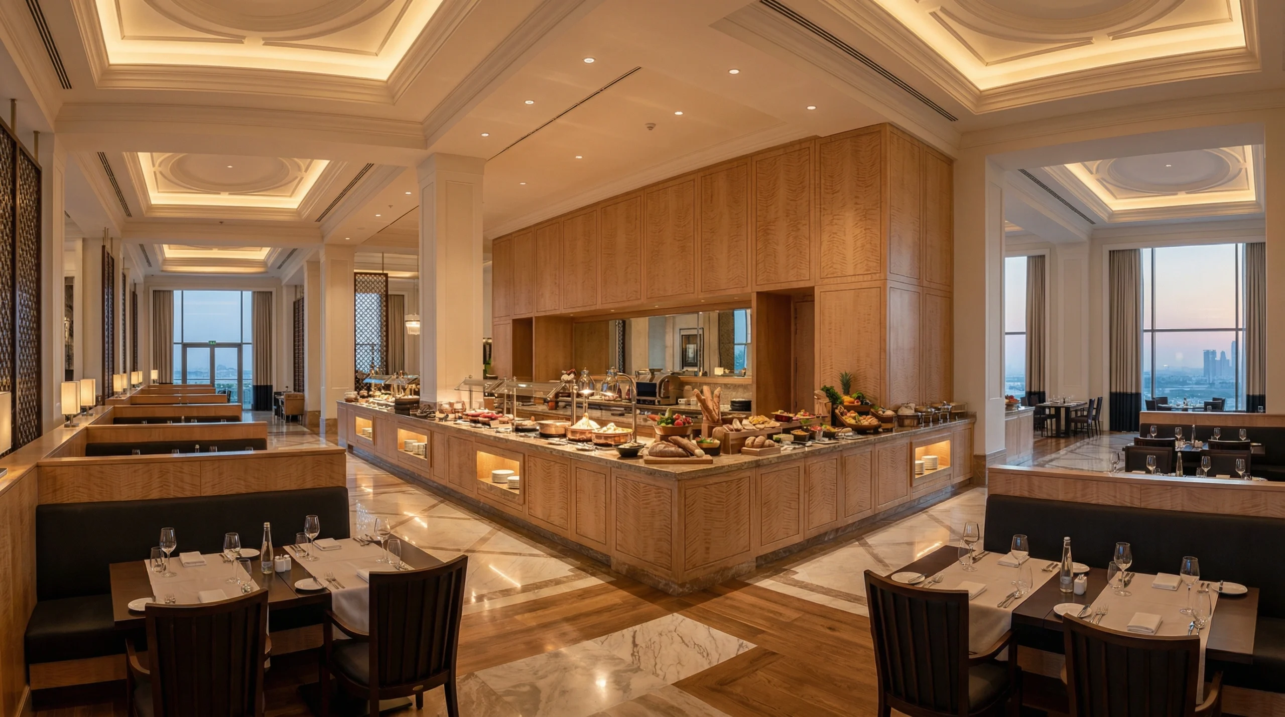 Hotel restaurant buffet counter and dining fit-out carpentry Abu Dhabi — Karnak Carpentry