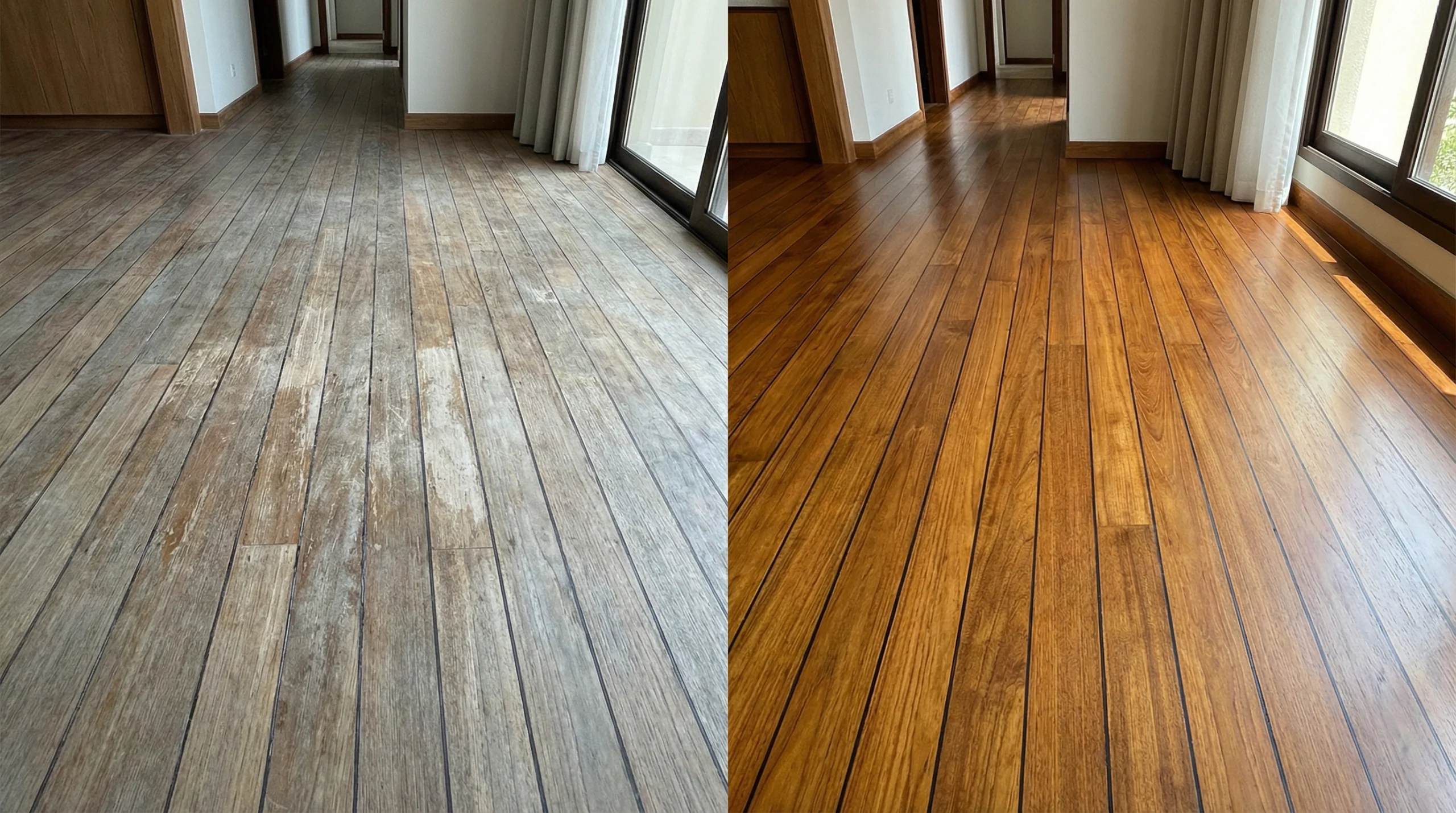 Hardwood floor refinishing Jumeirah villa Dubai showing restoration transformation before after